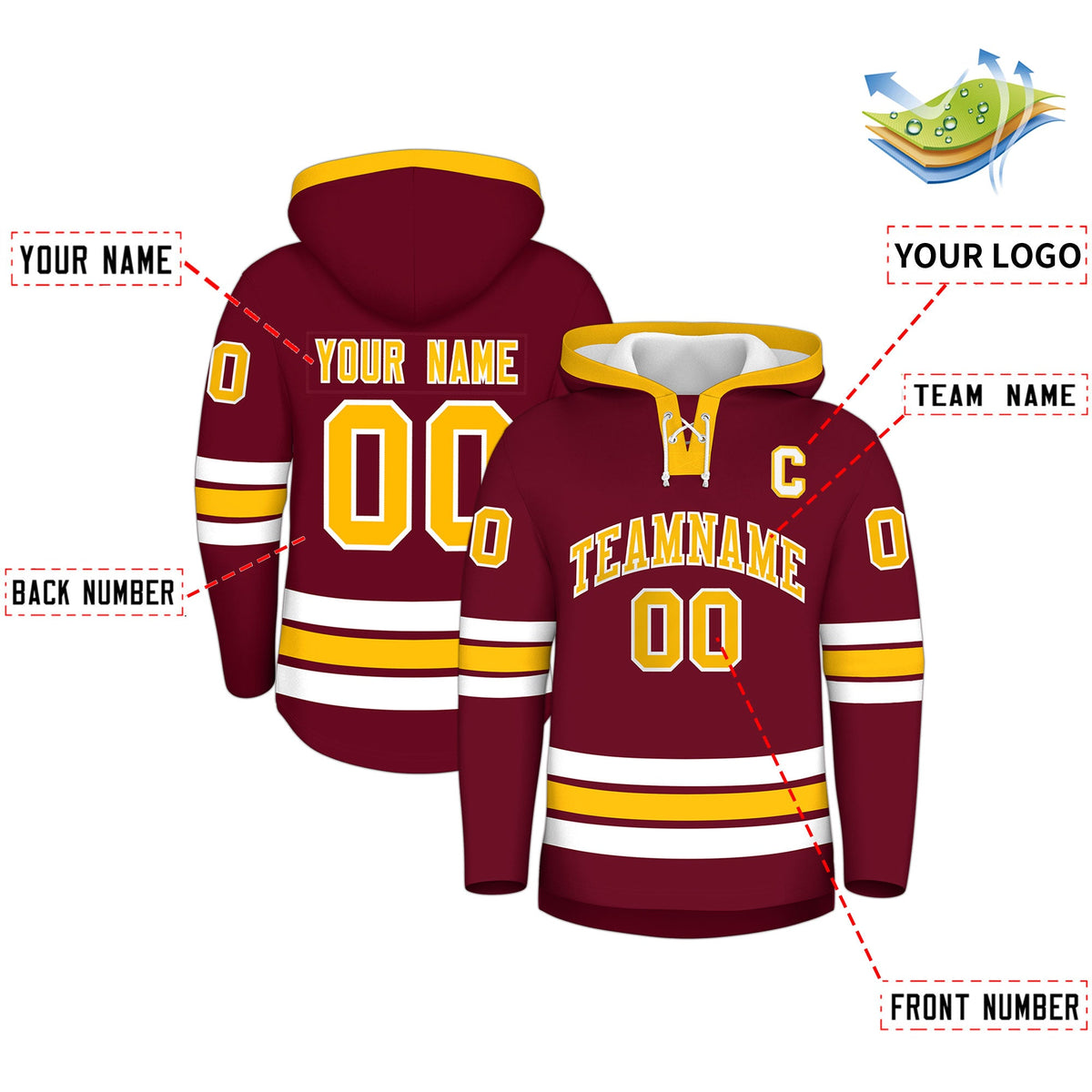 Custom Hockey Hoodie Jersey Crimson Gold Classic Style Add Name,Number & Logo