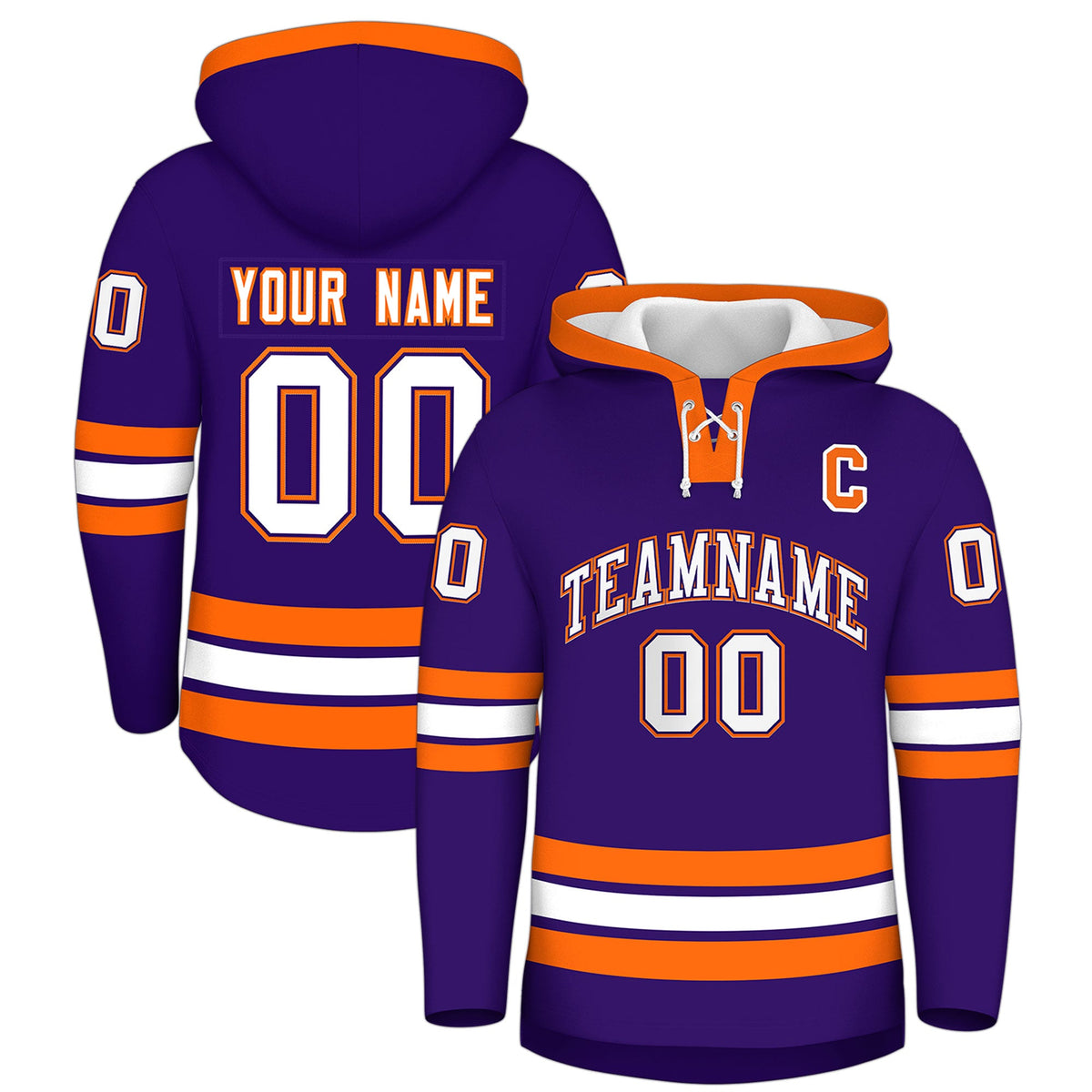Custom Hockey Hoodie Jersey Purple Orange Classic Style Add Name,Number & Logo