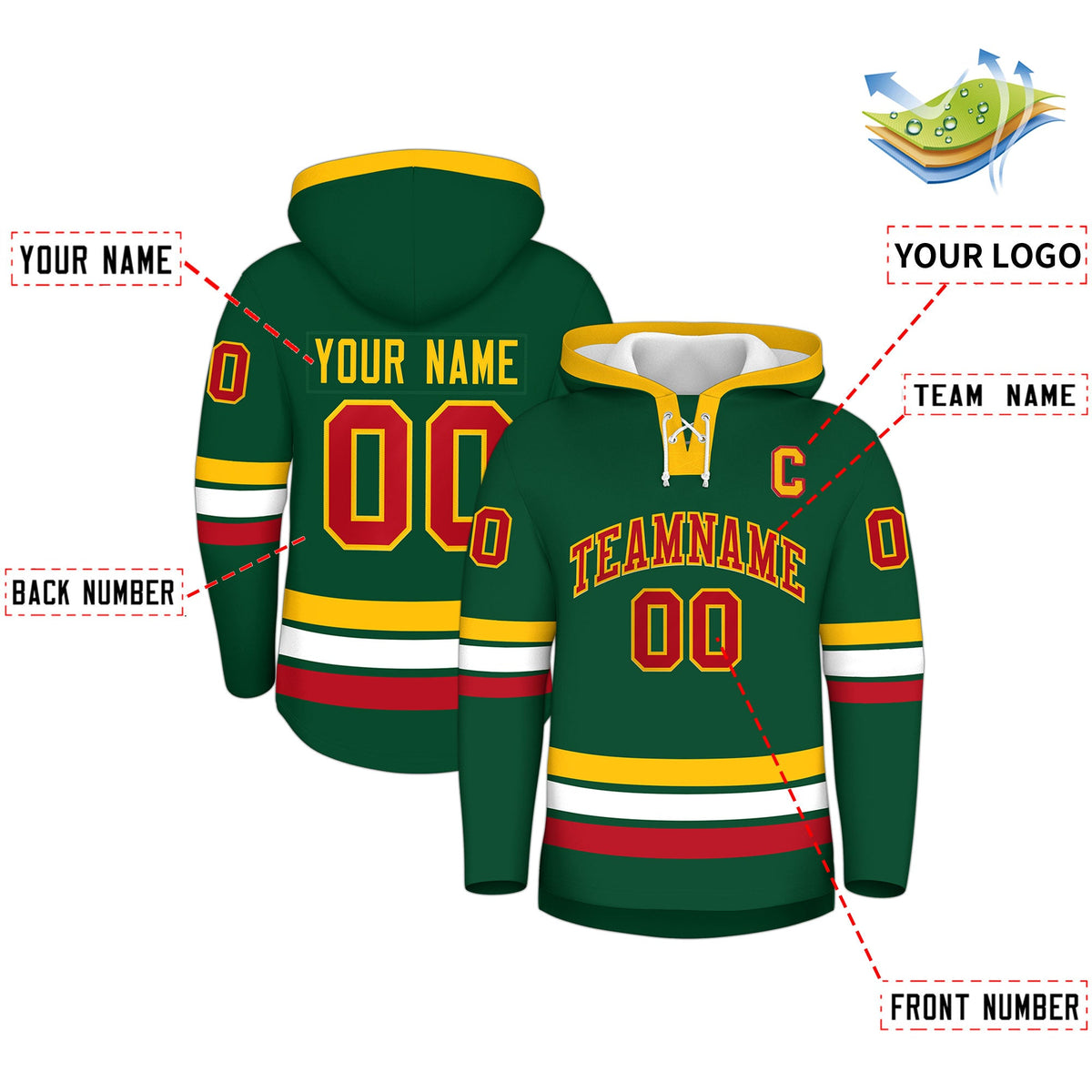 Custom Hockey Hoodie Jersey Dark Green Gold Classic Style Add Name,Number & Logo