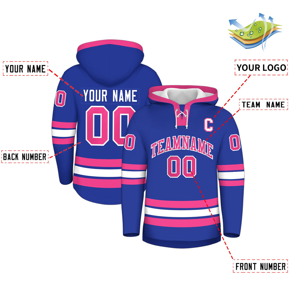 Custom Hockey Hoodie Jersey Royal Blue Pink Classic Style Add Name,Number & Logo