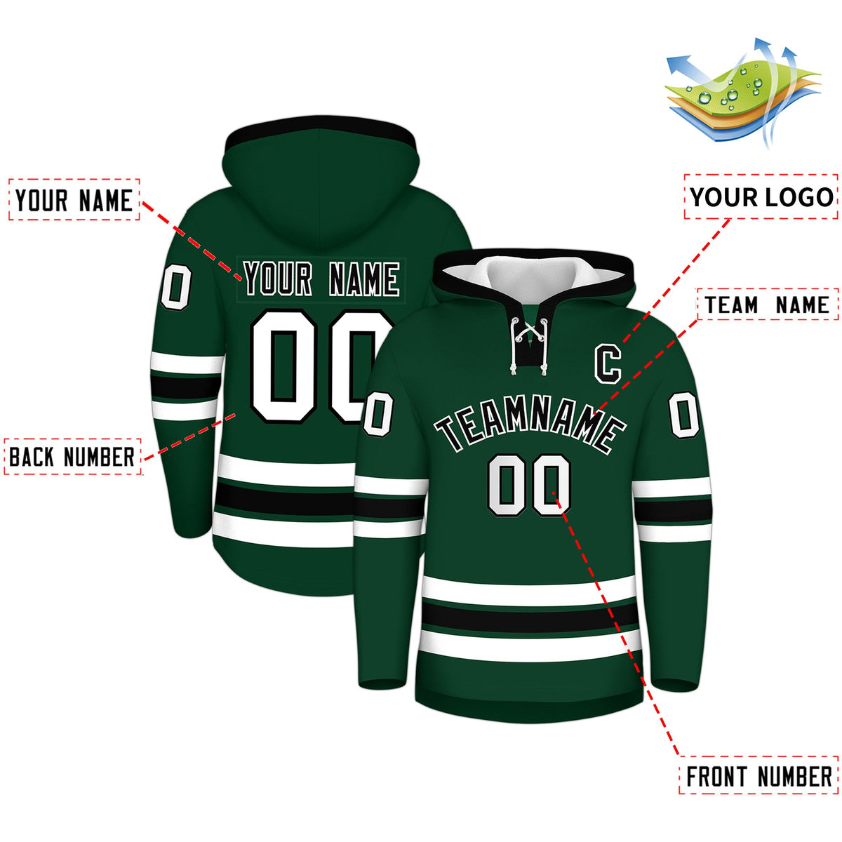 Custom Hockey Hoodie Jersey Dark Green Black Classic Style for Men&Youth