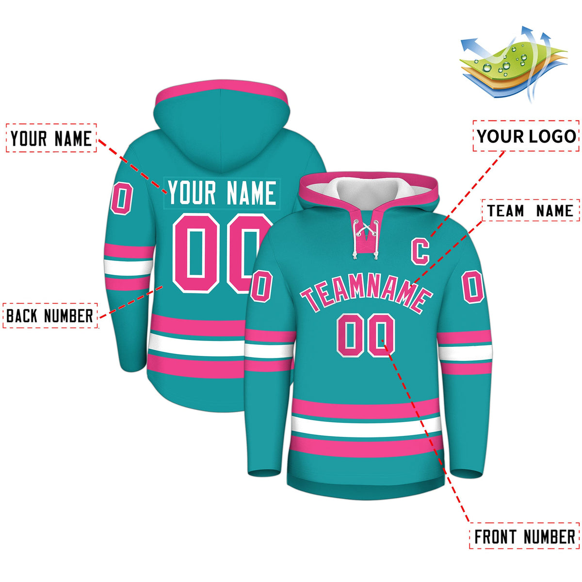 Custom Hockey Hoodie Jersey Aqua Pink Classic Style Add Name,Number & Logo