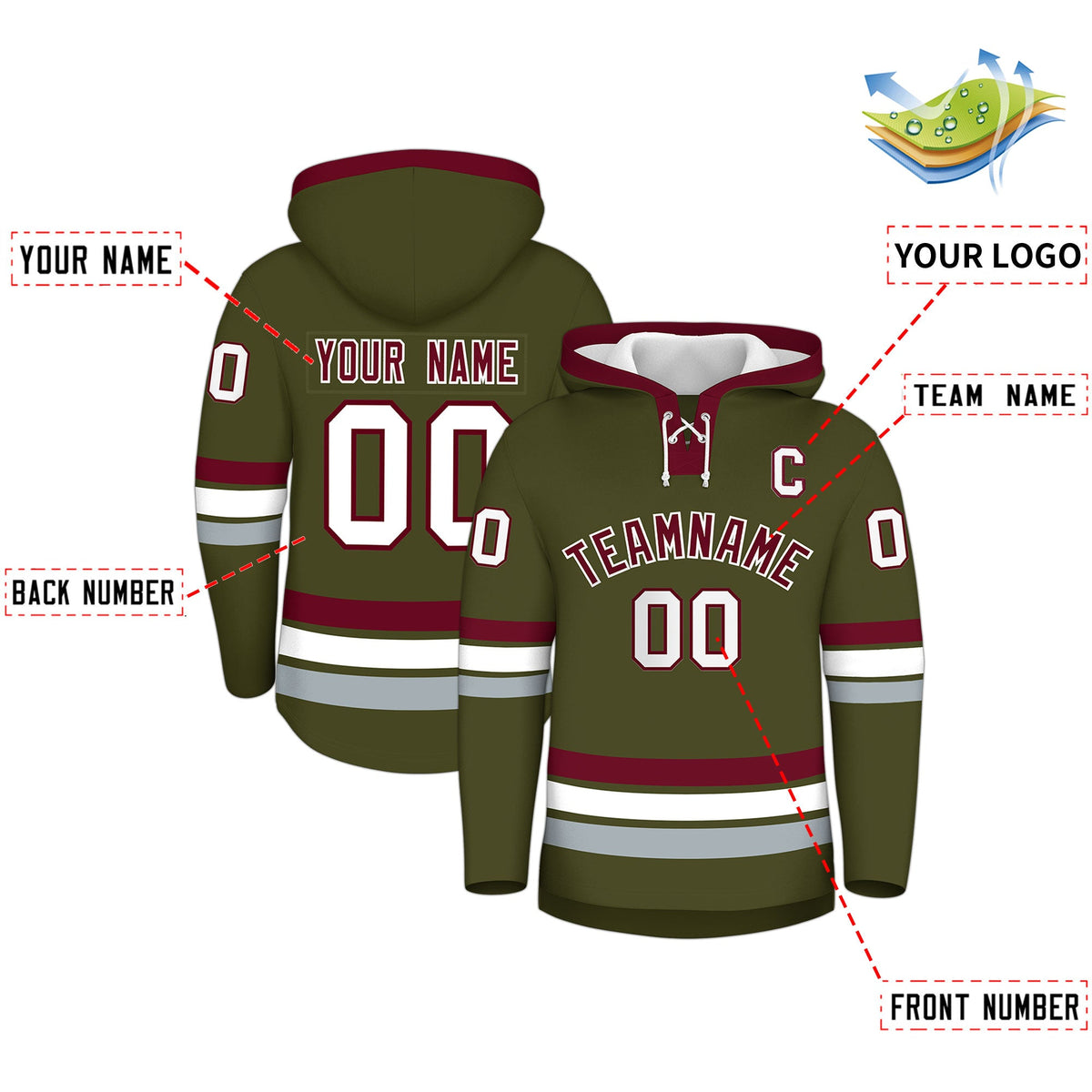 Custom Hockey Hoodie Jersey Olive Crimson Classic Style Add Name,Number & Logo