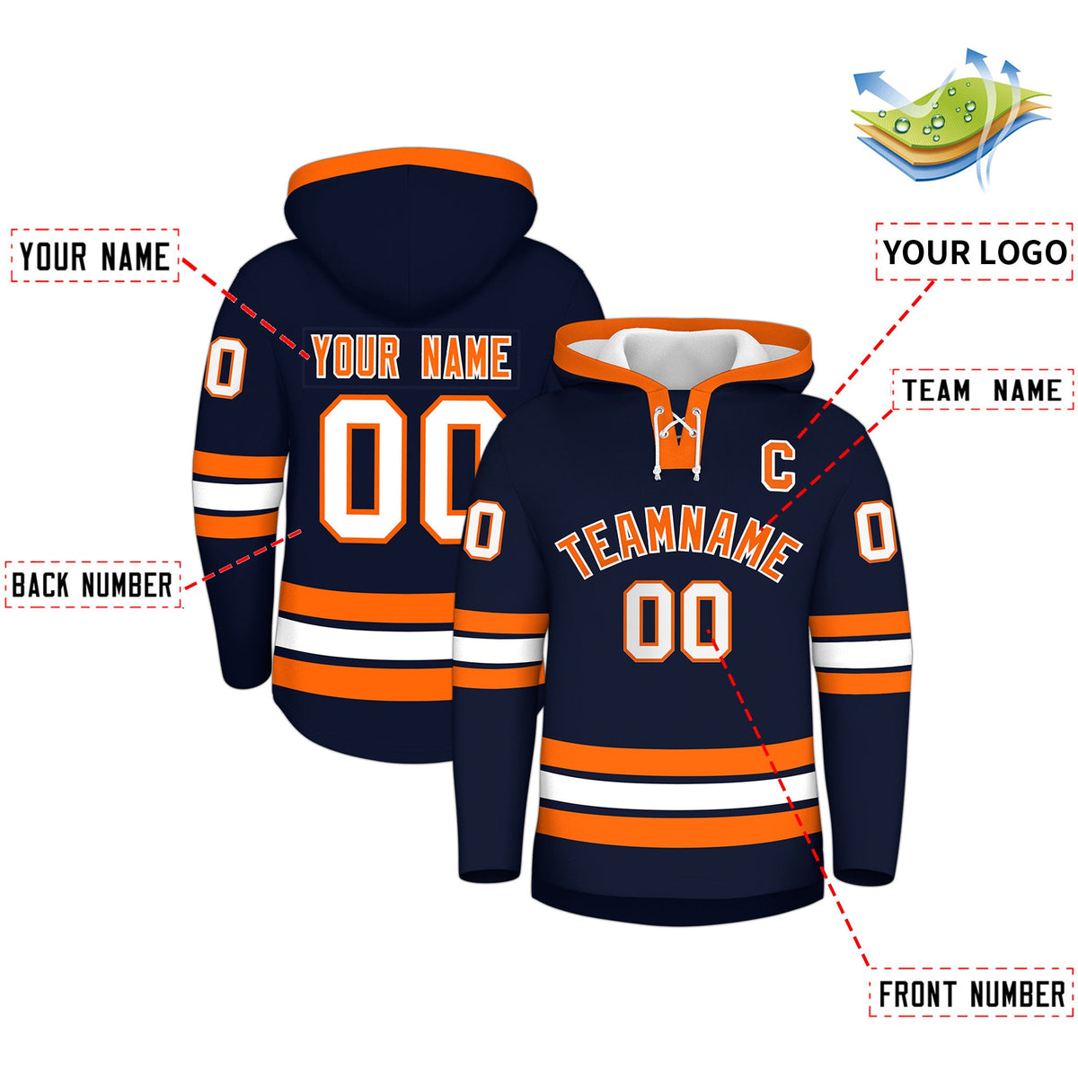 Custom Hockey Hoodie Jersey Navy Orange Classic Style for Men&Youth