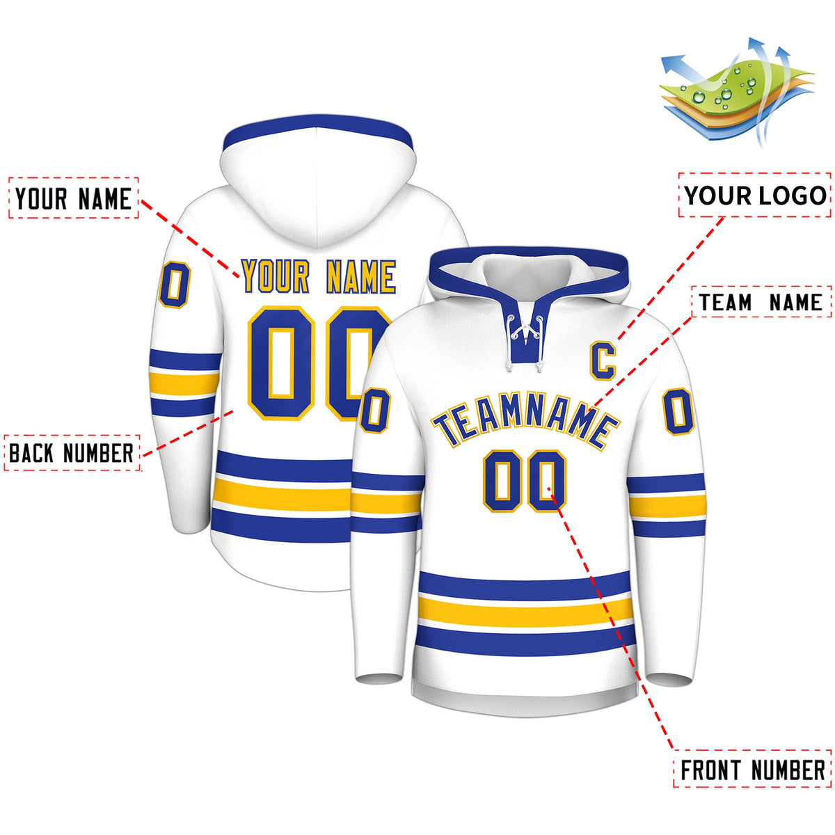 Custom Hockey Hoodie Jersey White Royal Blue Classic Style Add Name,Number & Logo