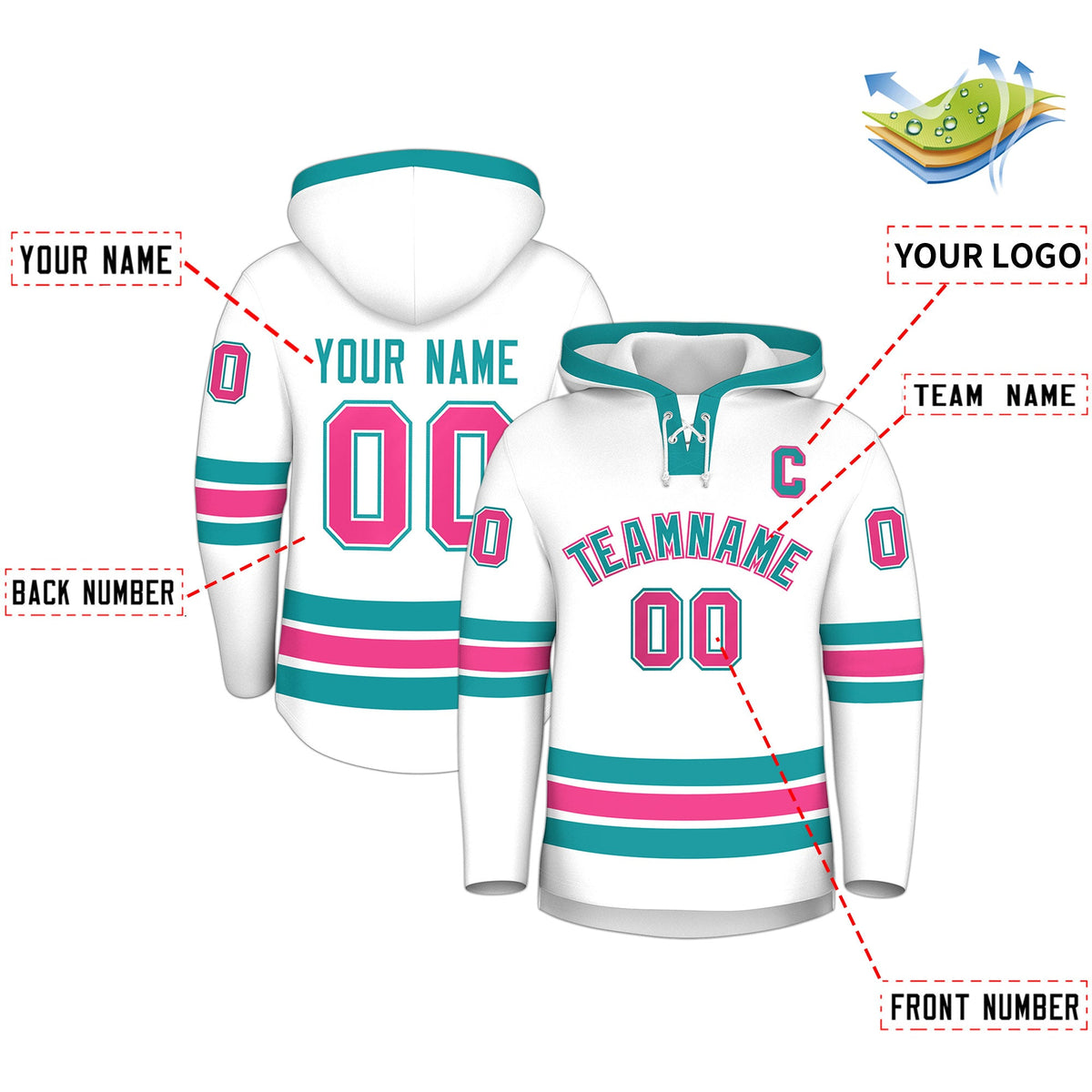 Custom Hockey Hoodie Jersey White Aqua Classic Style for Men&Youth