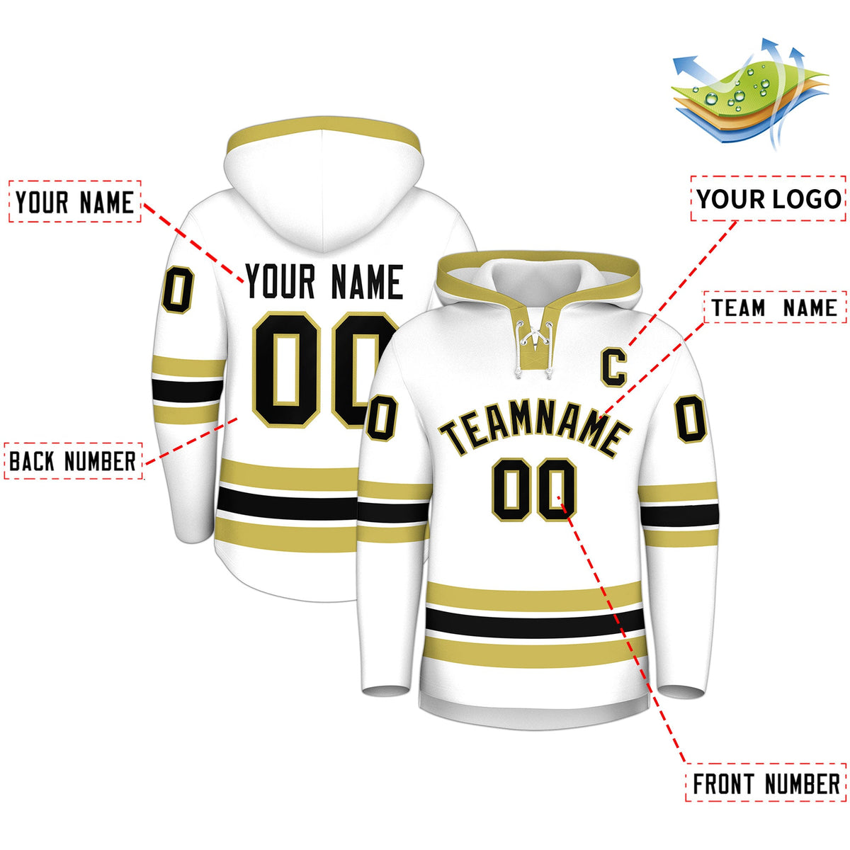 Custom Hockey Hoodie Jersey White Old Gold Classic Style Add Name,Number & Logo