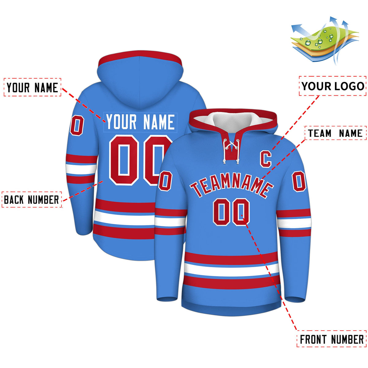 Custom Hockey Hoodie Jersey Powder Blue Red Classic Style for Men&Youth