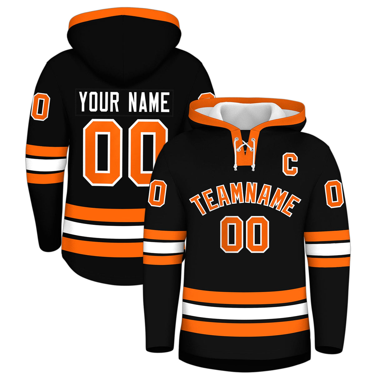 Custom Hockey Hoodie Jersey Black Orange Classic Style Add Name,Number & Logo