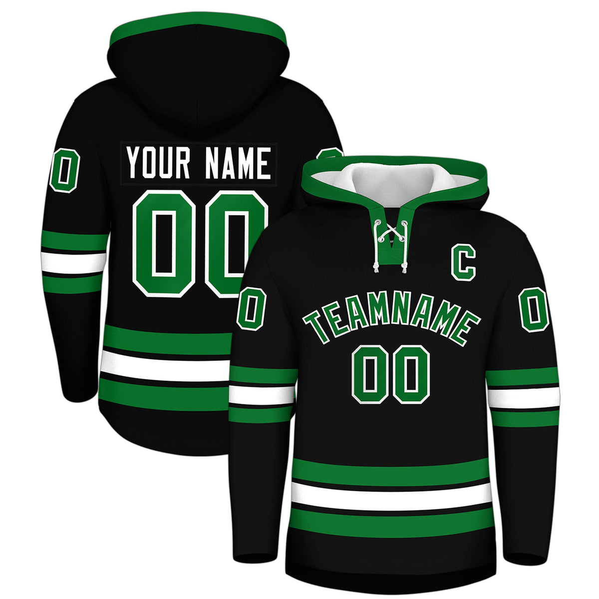 Custom Hockey Hoodie Jersey Black Kelly Green Classic Style for Men&Youth