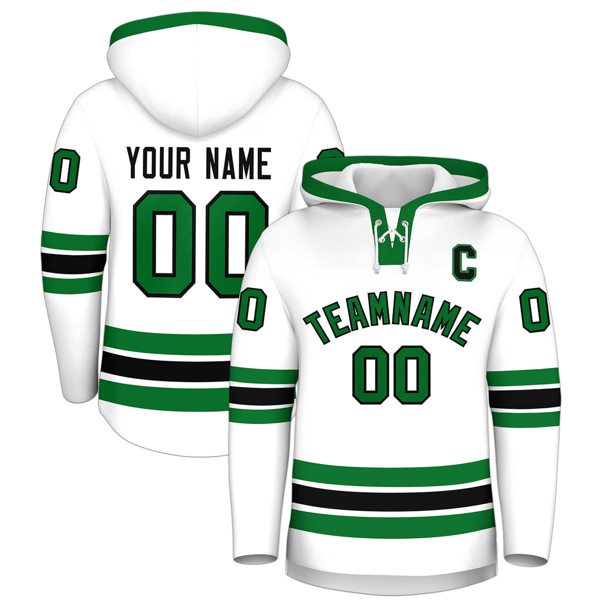 Custom Hockey Hoodie Jersey White Kelly Green Classic Style Add Name,Number & Logo