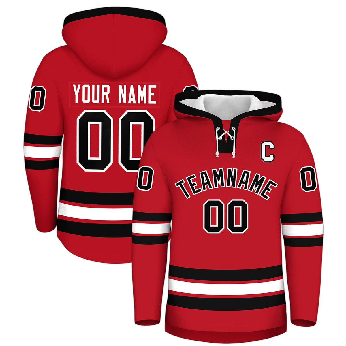 Custom Hockey Hoodie Jersey Red Black Classic Style Add Name,Number & Logo