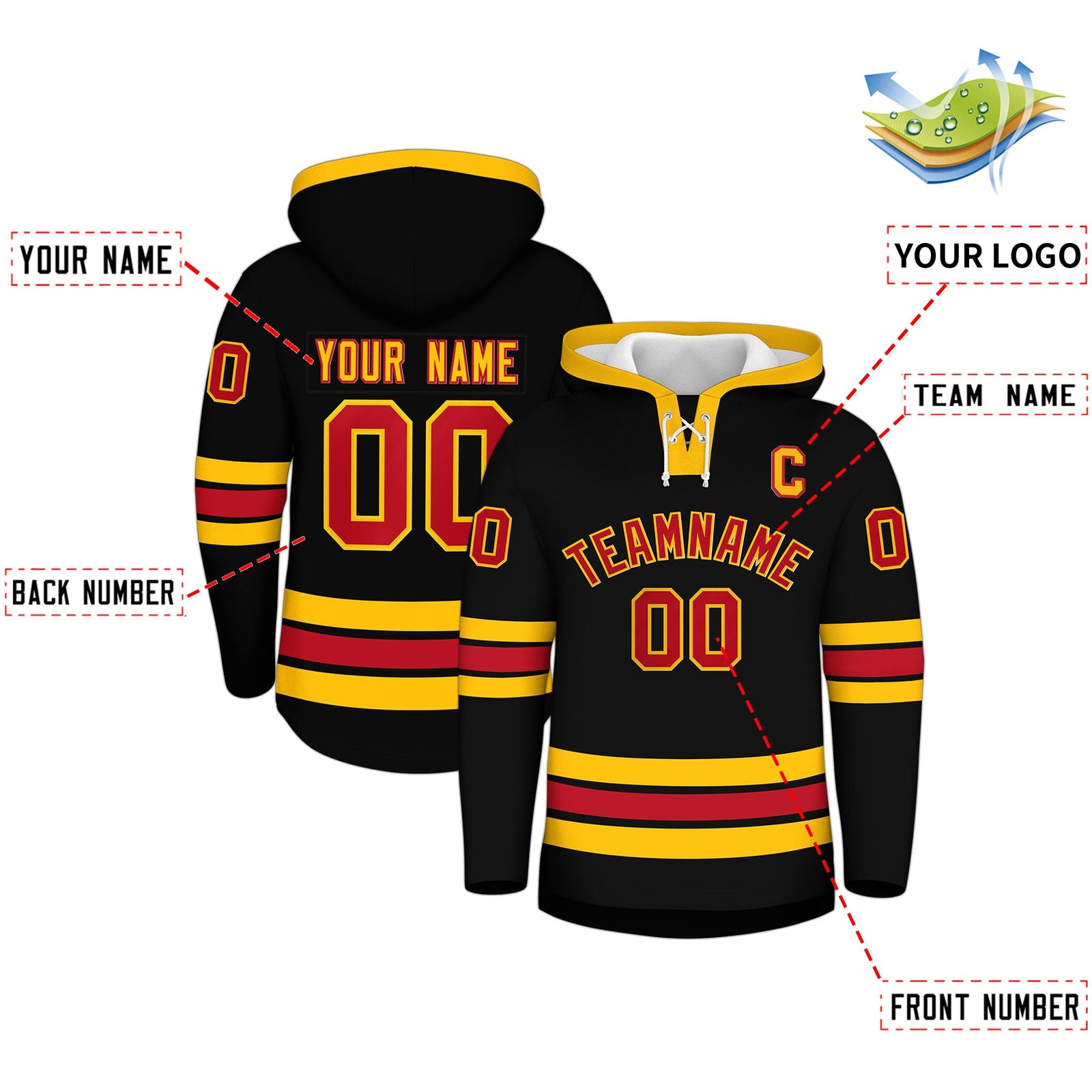 Custom Hockey Hoodie Jersey Black Red Classic Style Add Name,Number & Logo