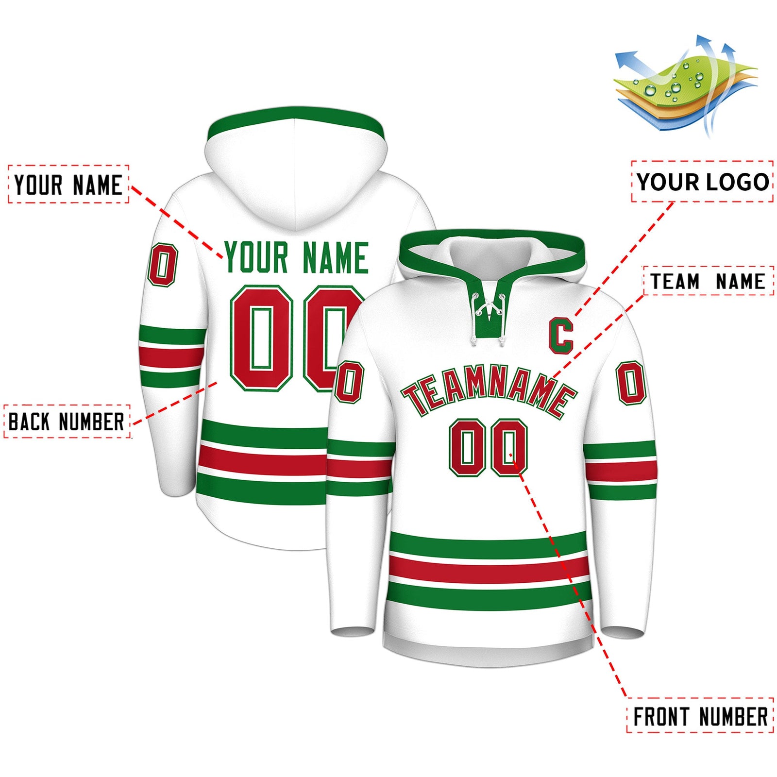 Custom Hockey Hoodie Jersey White Kelly Green Classic Style Add Name,Number & Logo