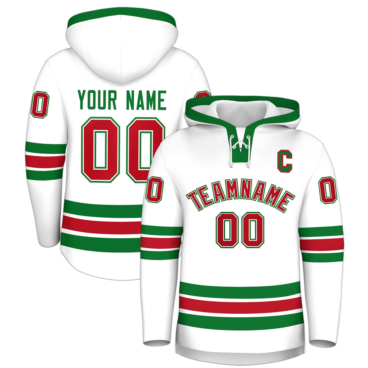 Custom Hockey Hoodie Jersey White Kelly Green Classic Style Add Name,Number & Logo