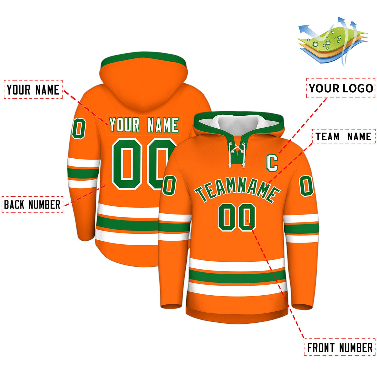 Custom Hockey Hoodie Jersey Orange Kelly Green Classic Style Add Name,Number & Logo
