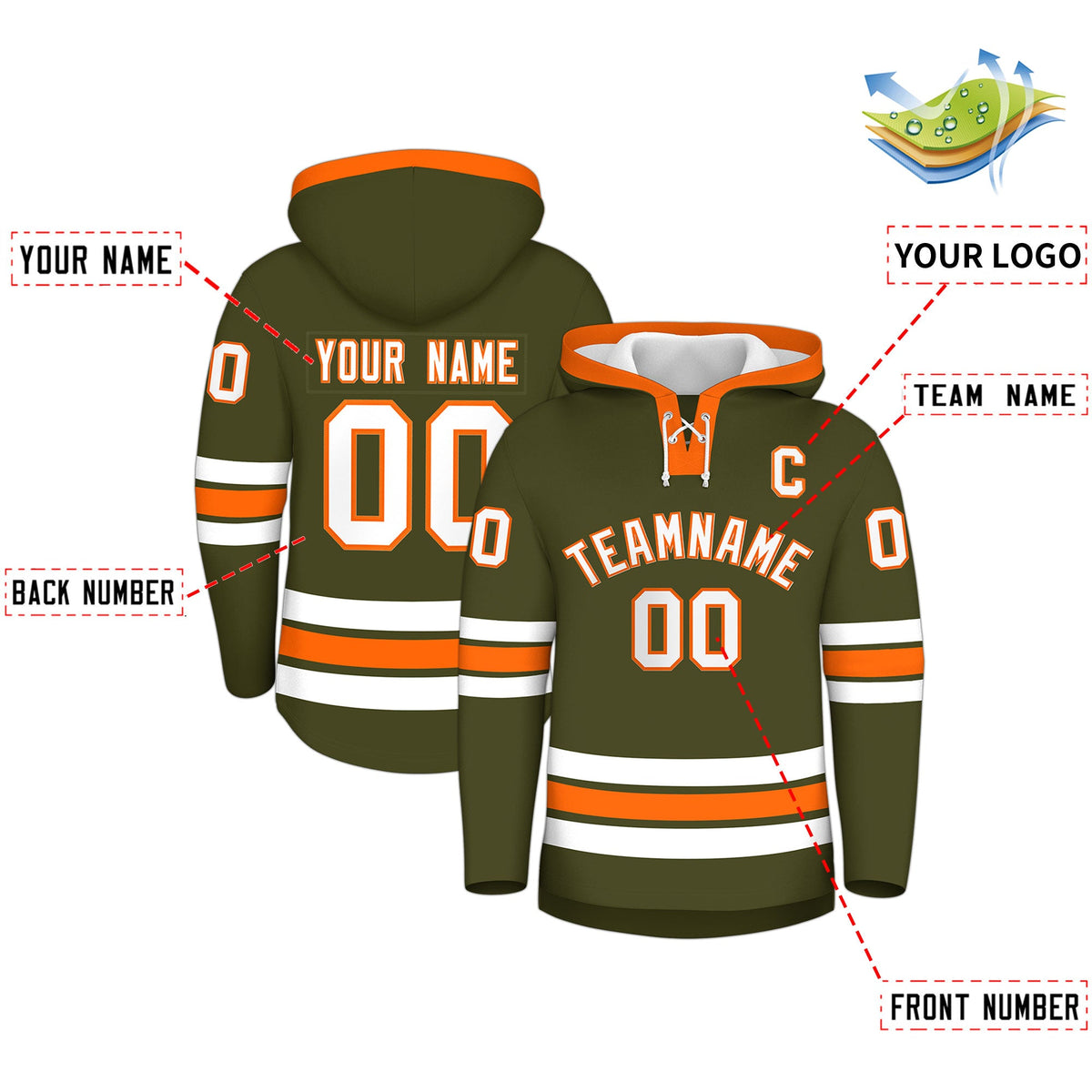 Custom Hockey Hoodie Jersey Olive Orange Classic Style for Men&Youth