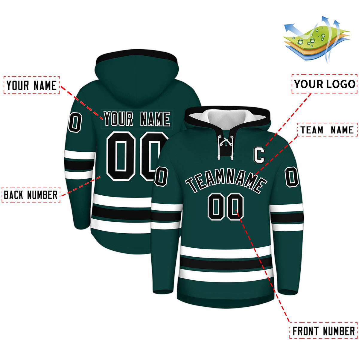 Custom Hockey Hoodie Jersey Midnight Green Black Classic Style Add Name,Number & Logo