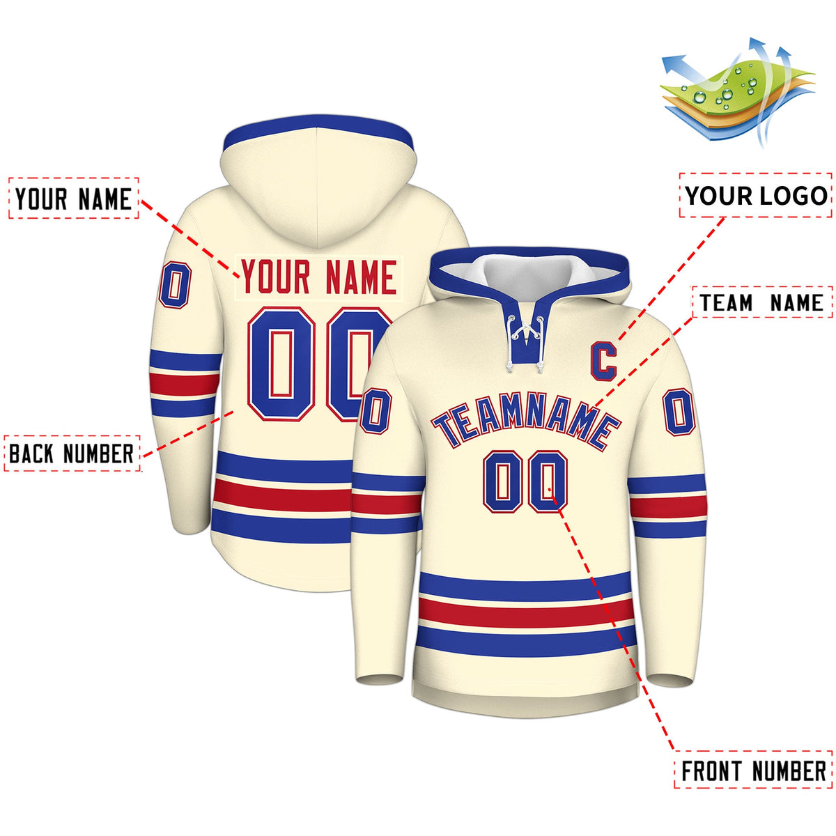 Custom Hockey Hoodie Jersey Cream Royal Blue Classic Style Add Name,Number & Logo