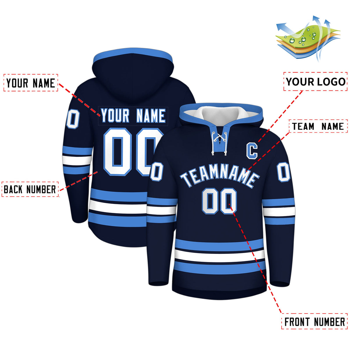Custom Hockey Hoodie Jersey Navy Powder Blue Classic Style for Men&Youth