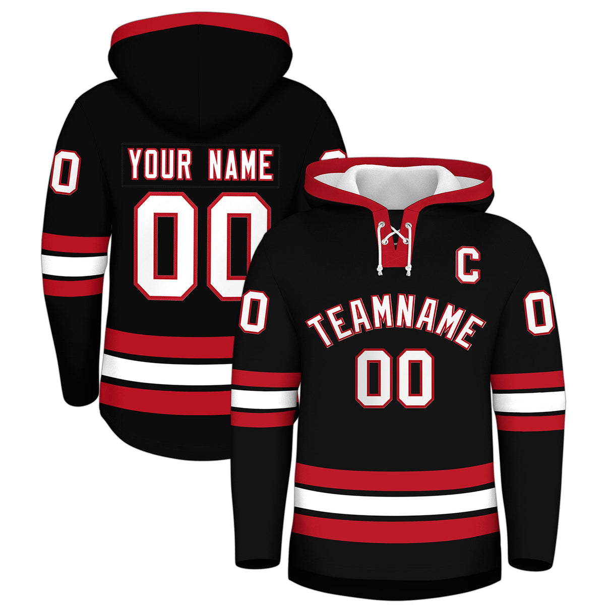 Custom Hockey Hoodie Jersey Black Red Classic Style Add Name,Number & Logo