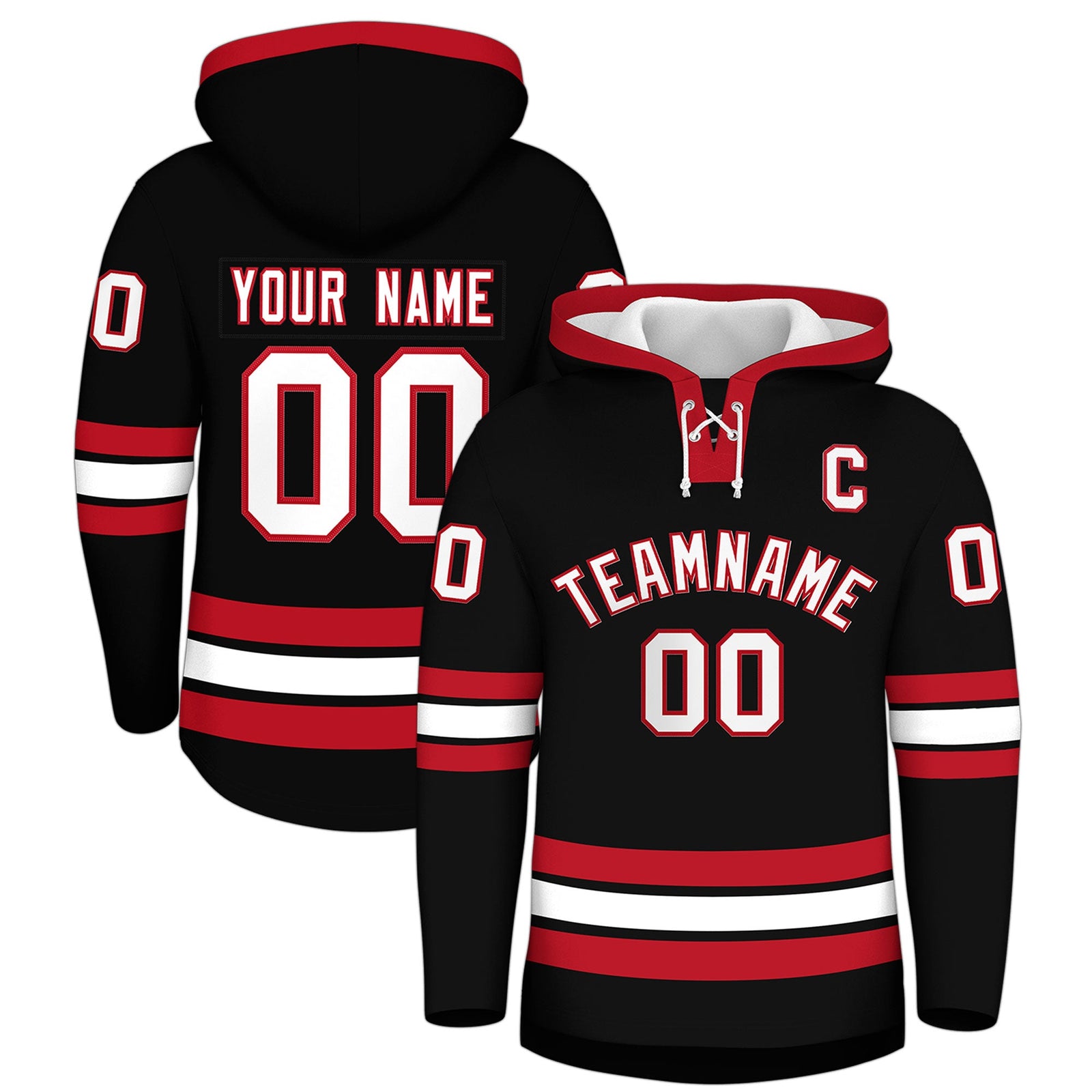 Custom Hockey Hoodie Jersey Black Red Classic Style Add Name,Number & Logo