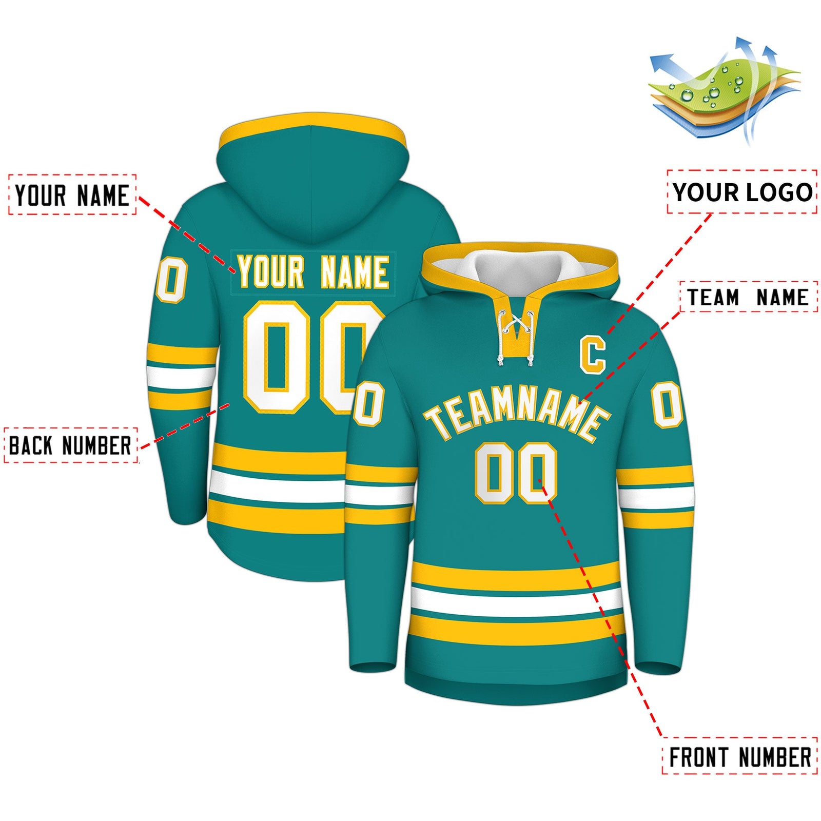 Custom Hockey Hoodie Jersey Teal Gold Classic Style Add Name,Number & Logo