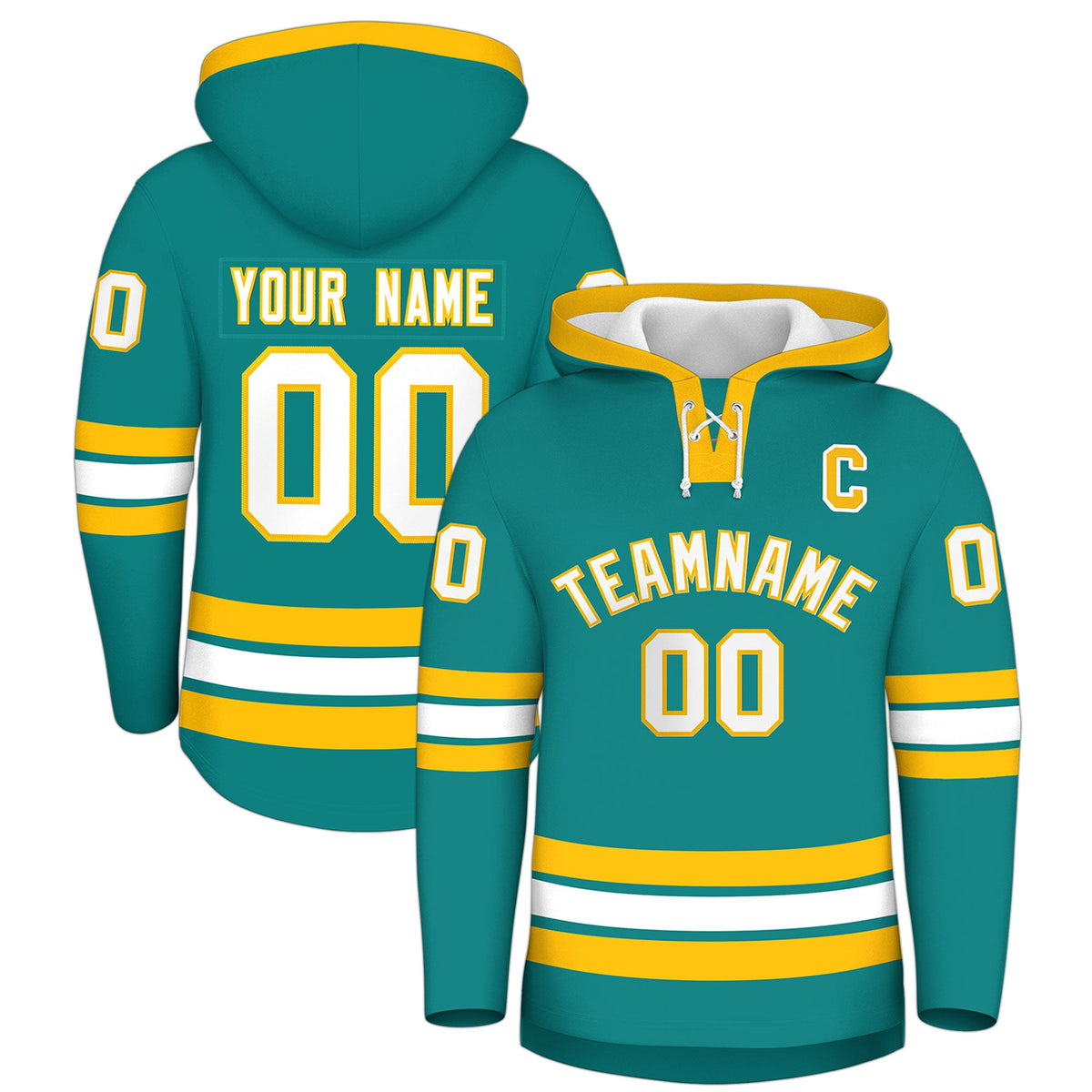 Custom Hockey Hoodie Jersey Teal Gold Classic Style Add Name,Number & Logo