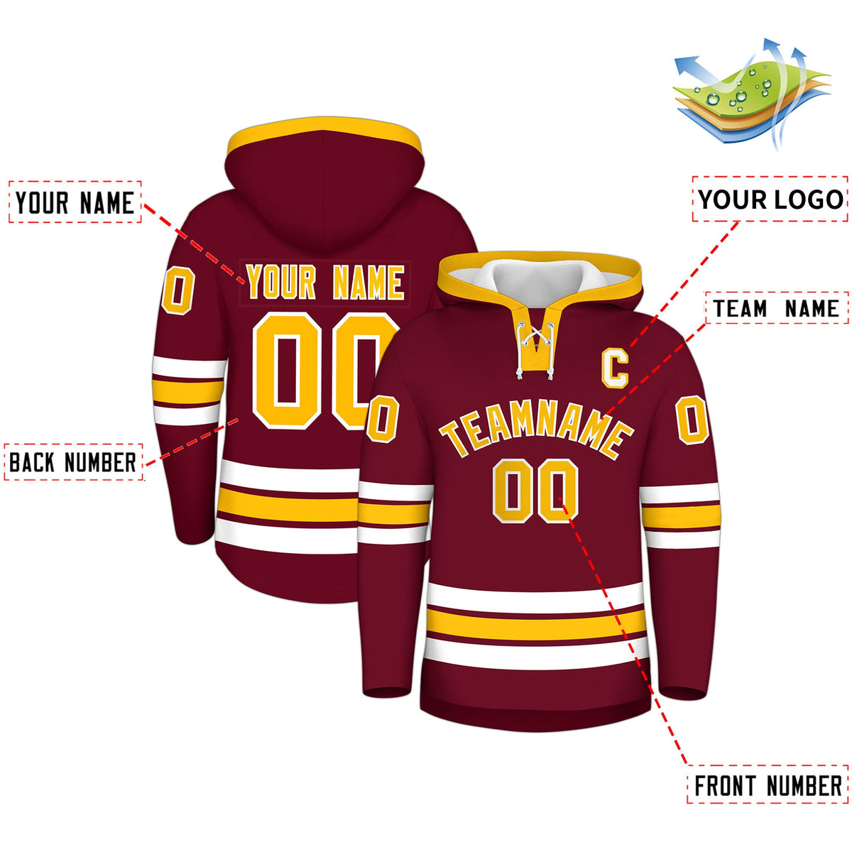 Custom Hockey Hoodie Jersey Crimson Gold Classic Style Add Name,Number & Logo