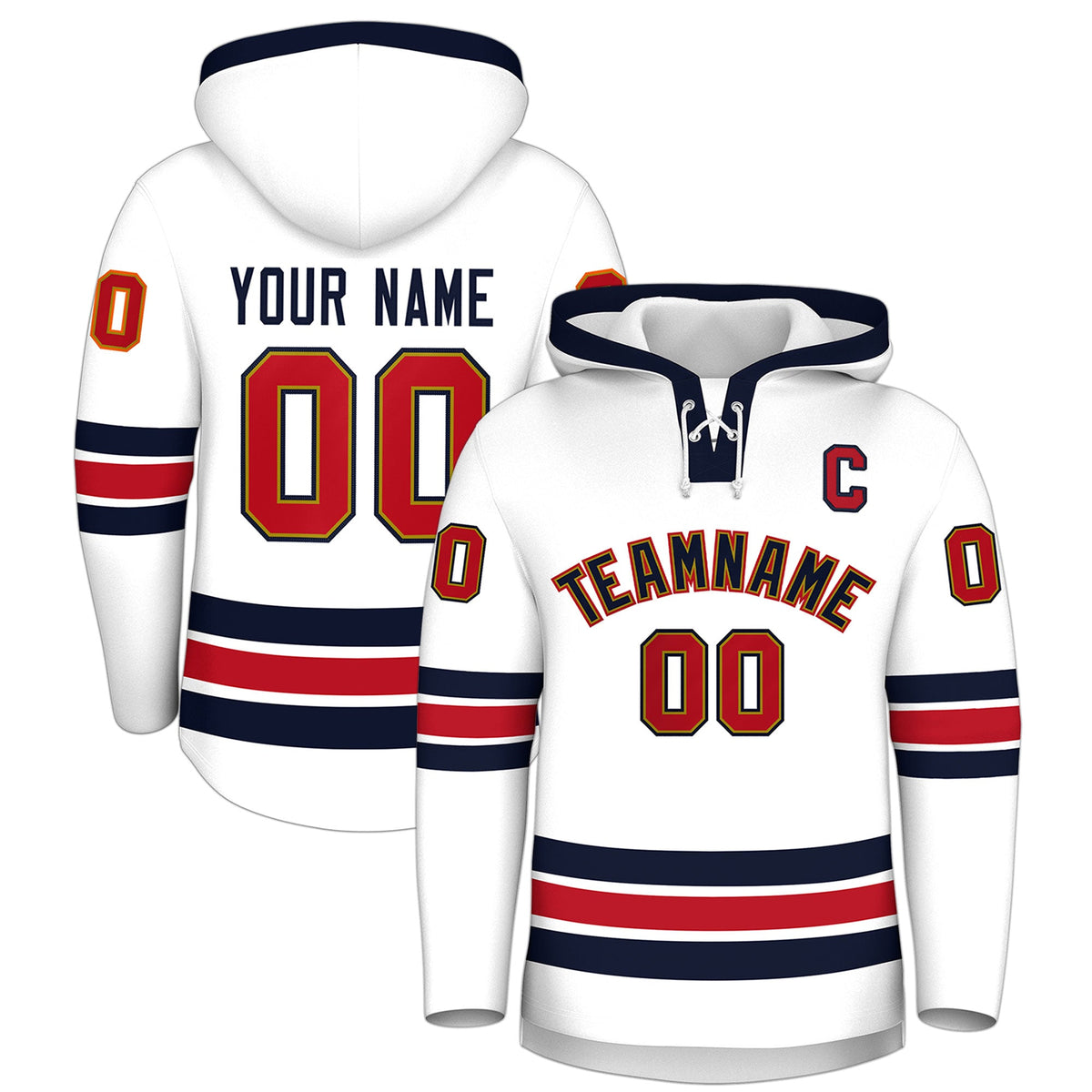 Custom Hockey Hoodie Jersey White Navy Classic Style Add Name,Number & Logo