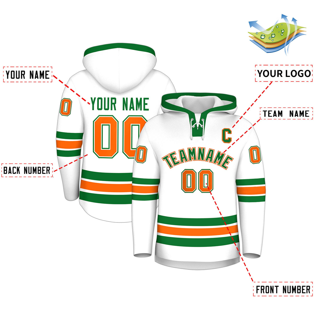 Custom Hockey Hoodie Jersey White Kelly Green Classic Style for Men&Youth