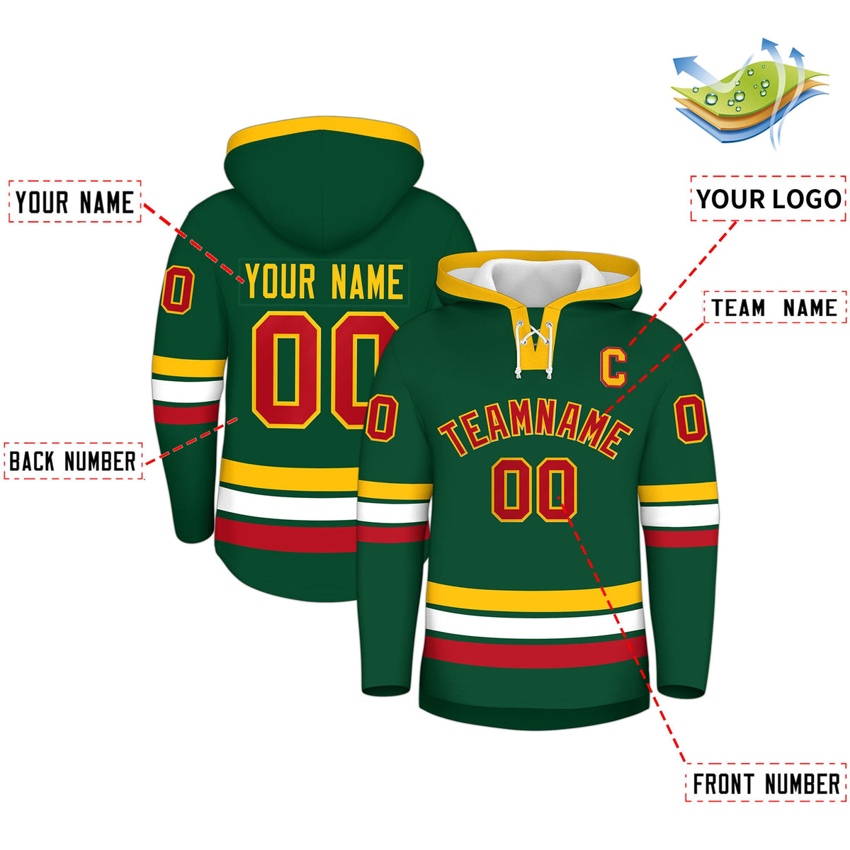 Custom Hockey Hoodie Jersey Dark Green Gold Classic Style Add Name,Number & Logo