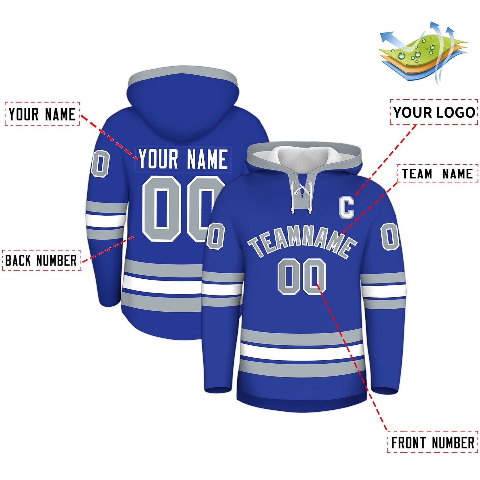 Custom Hockey Hoodie Jersey Royal Blue Silver Classic Style for Men&Youth