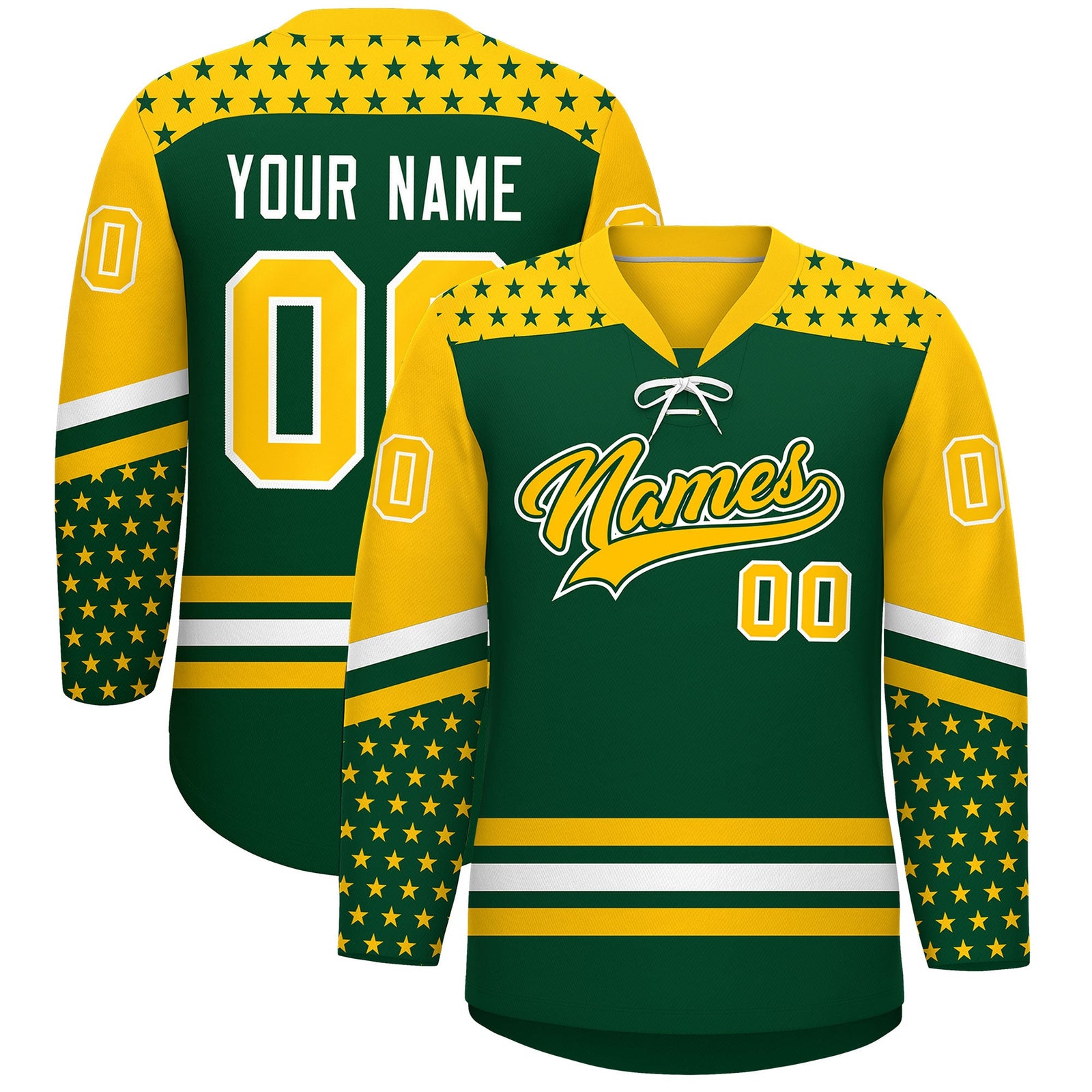 Custom Green Gold White Star Series Personalization Lace-Up Neck Hockey Jersey| KXKSHOP