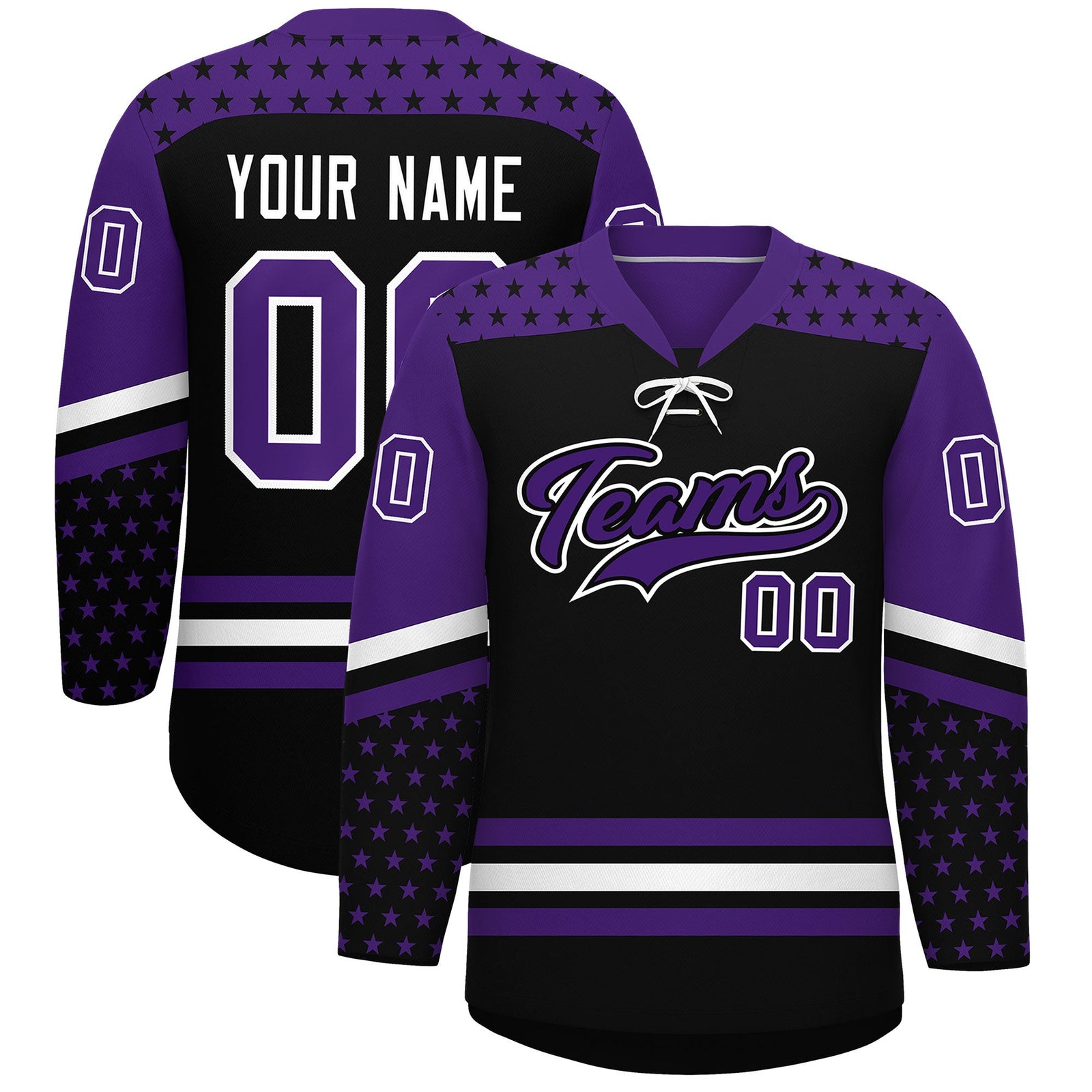 Custom Black Purple White Star Series Personalization Lace-Up Neck Hockey Jersey| KXKSHOP