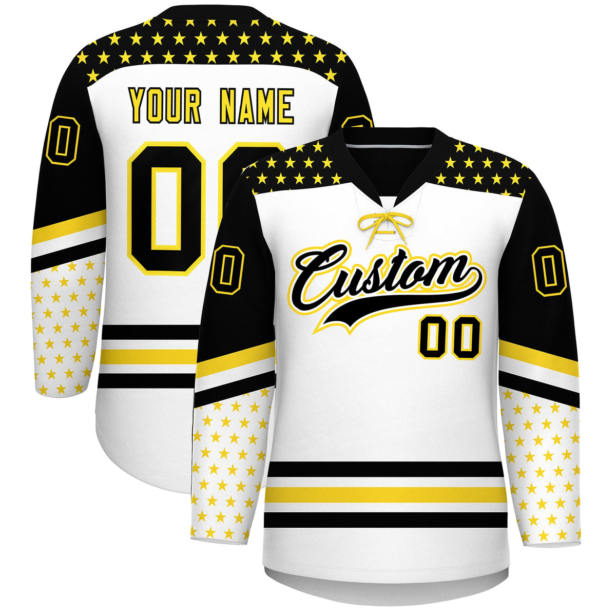 Custom White Black Gold Star Series Personalization Lace-Up Neck Hockey Jersey| KXKSHOP
