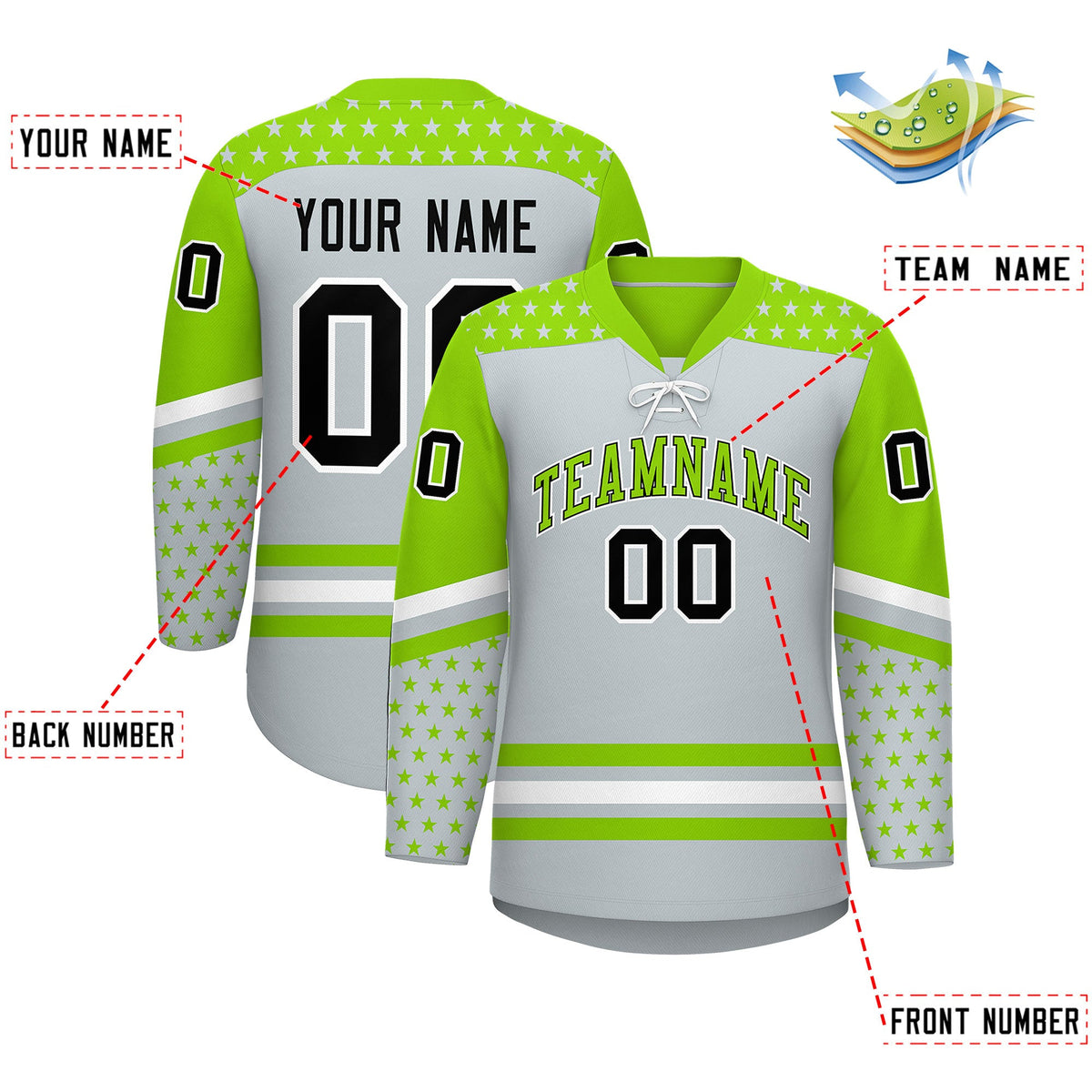 Custom Silver Neon Green White Star Series Personalization Lace-Up Neck Hockey Jersey| KXKSHOP