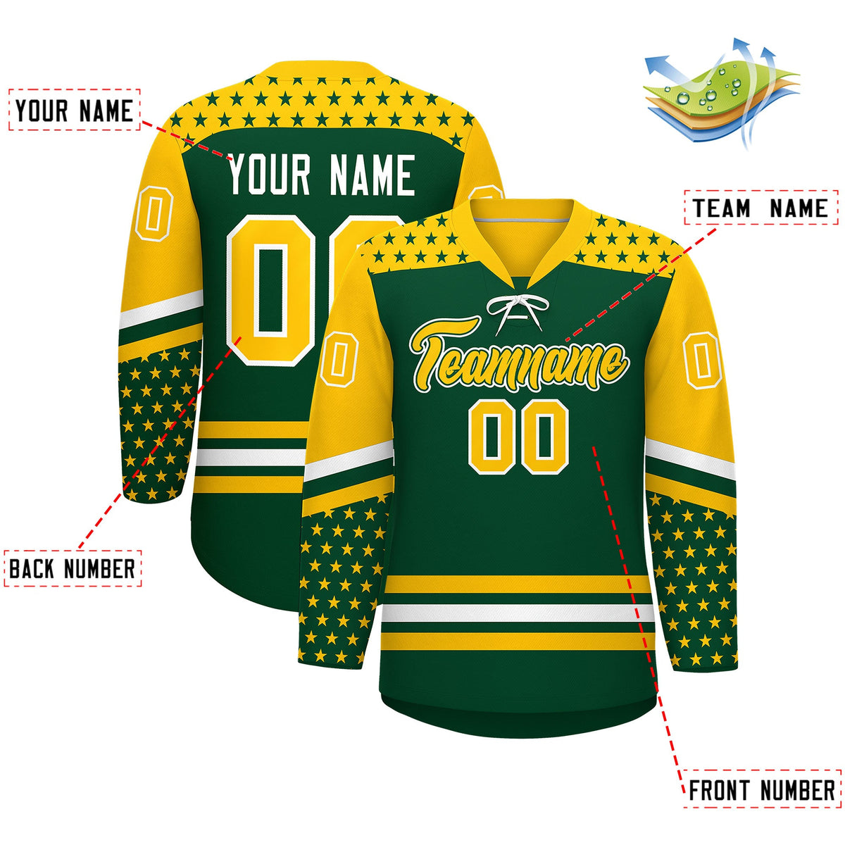 Custom Green Gold White Star Series Personalization Lace-Up Neck Hockey Jersey| KXKSHOP