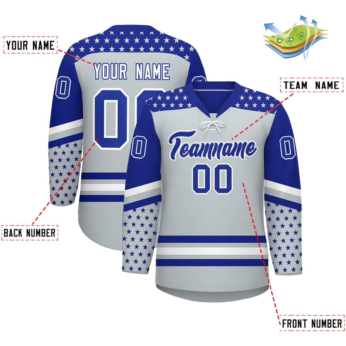 Custom Silver Royal Blue White Star Series Personalization Lace-Up Neck Hockey Jersey| KXKSHOP