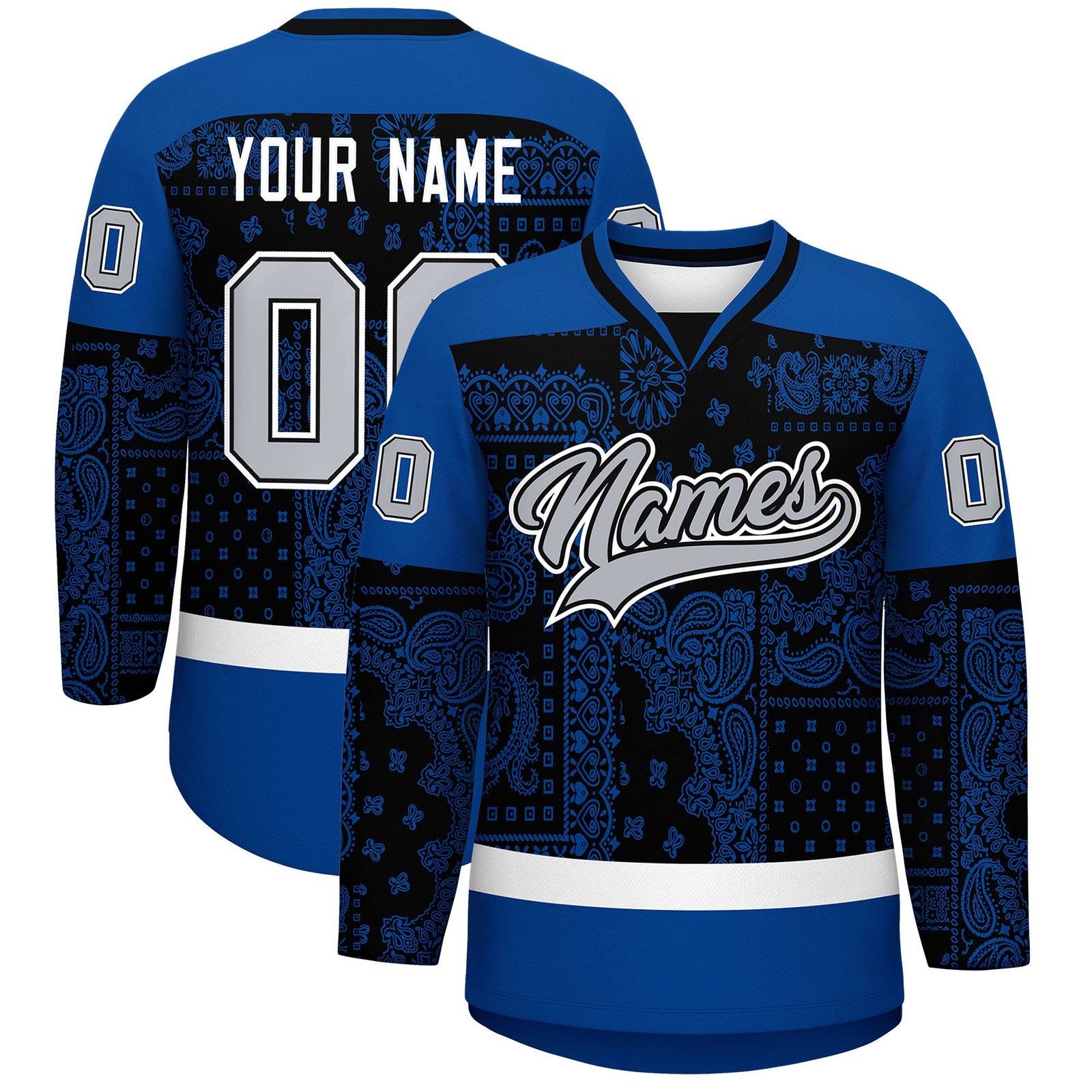 Custom Royal White Black Cashew Flower Graffiti Pattern V-Neck Hockey Jersey| KXKSHOP