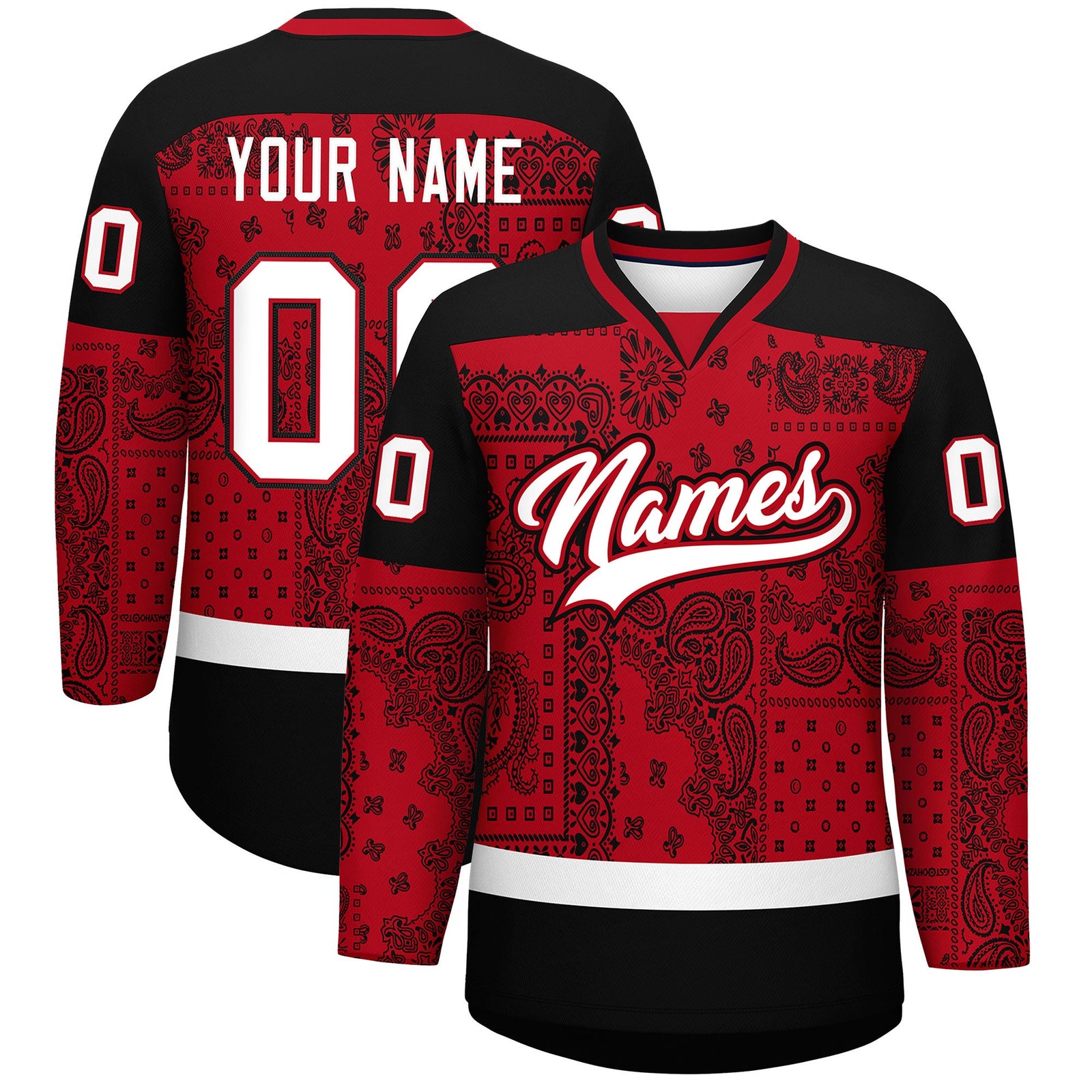 Custom Black Red White Cashew Flower Graffiti Pattern V-Neck Hockey Jersey| KXKSHOP