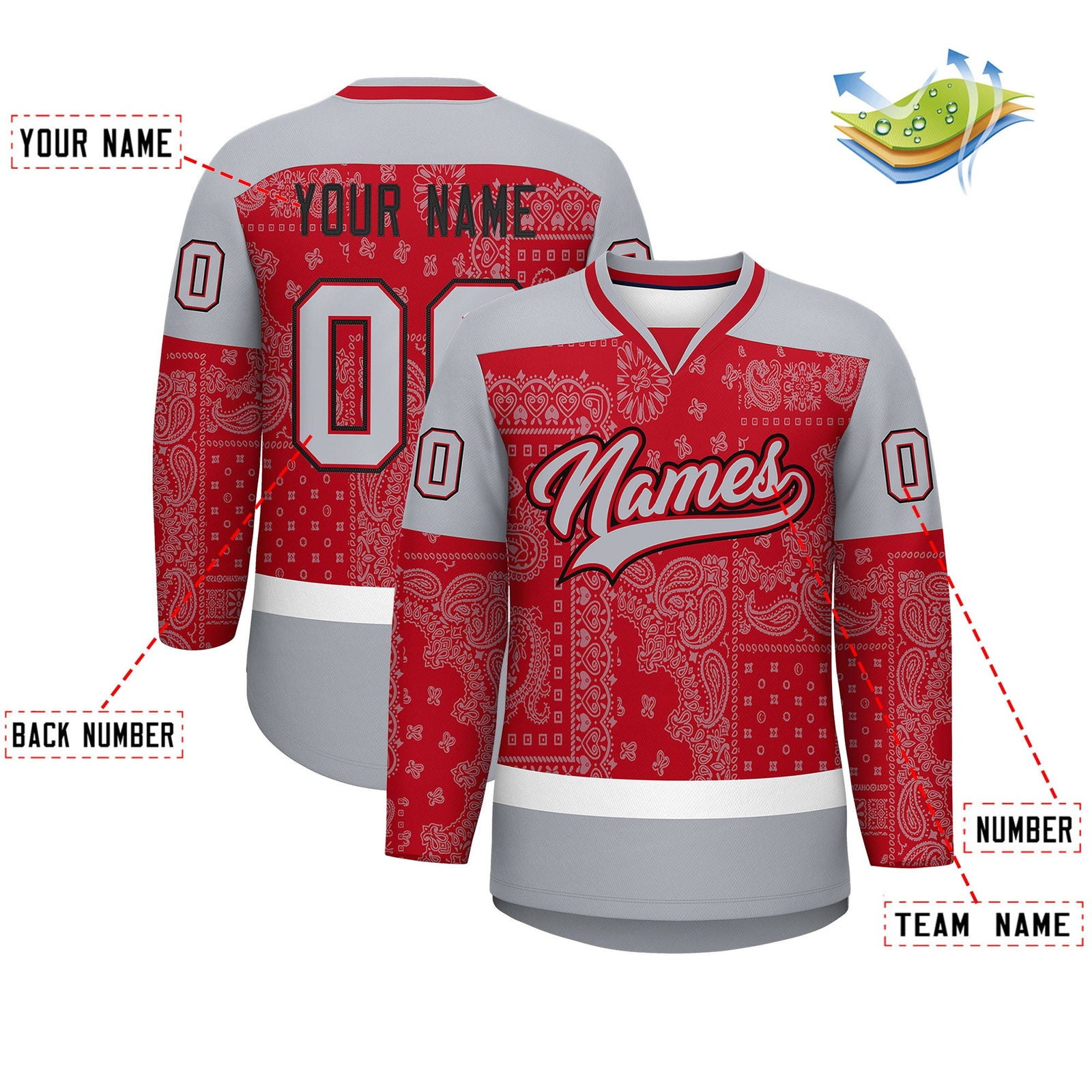 Custom Gray Red White Cashew Flower Graffiti Pattern V-Neck Hockey Jersey| KXKSHOP