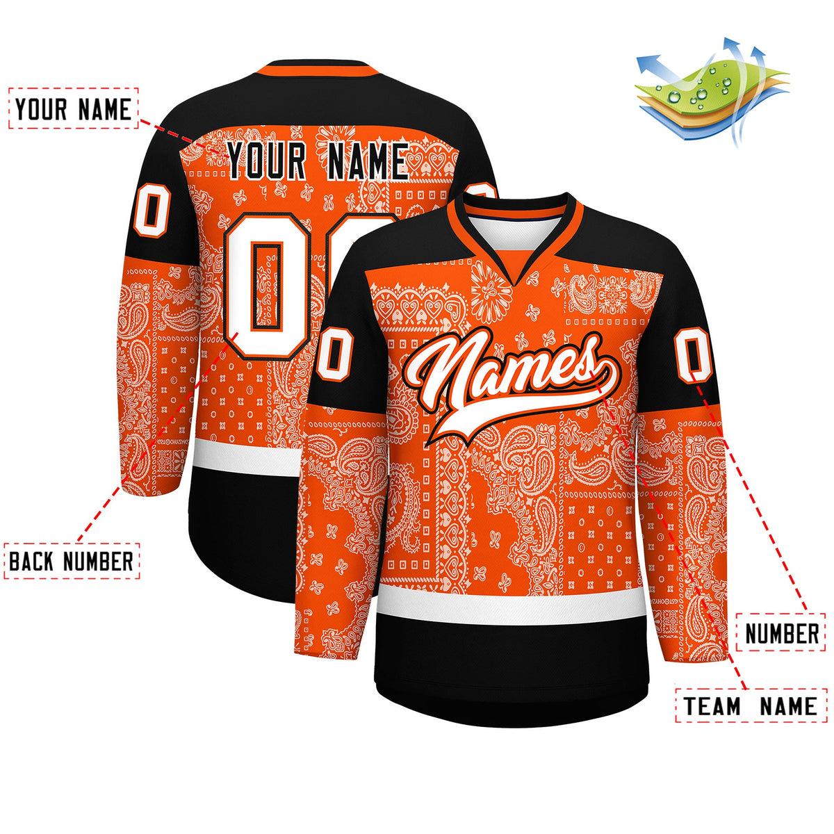 Custom Black Orange White Cashew Flower Graffiti Pattern V-Neck Hockey Jersey| KXKSHOP