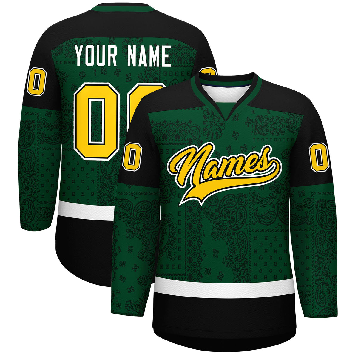 Custom Green Black White Cashew Flower Graffiti Pattern V-Neck Hockey Jersey| KXKSHOP