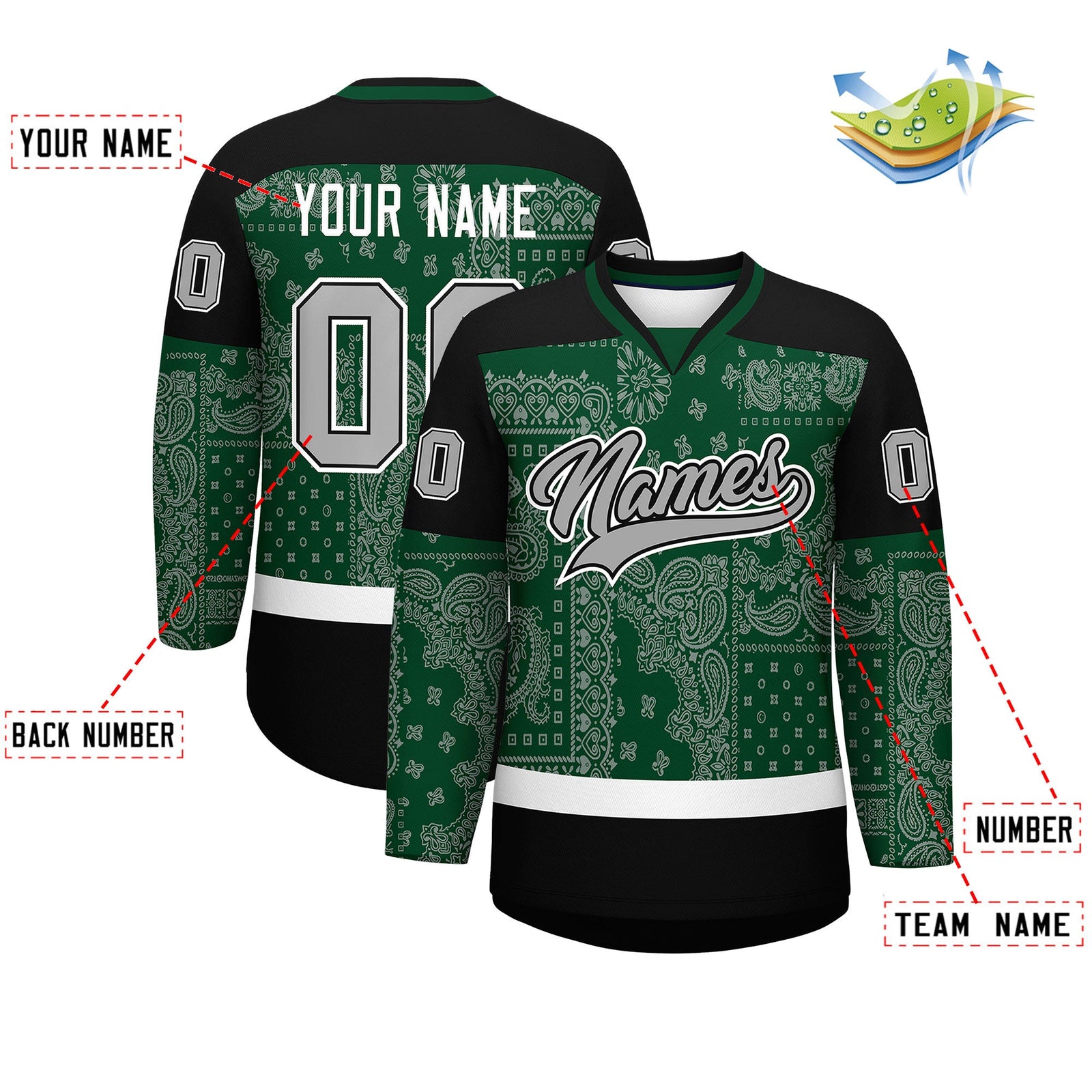 Custom Black Green White Cashew Flower Graffiti Pattern V-Neck Hockey Jersey| KXKSHOP