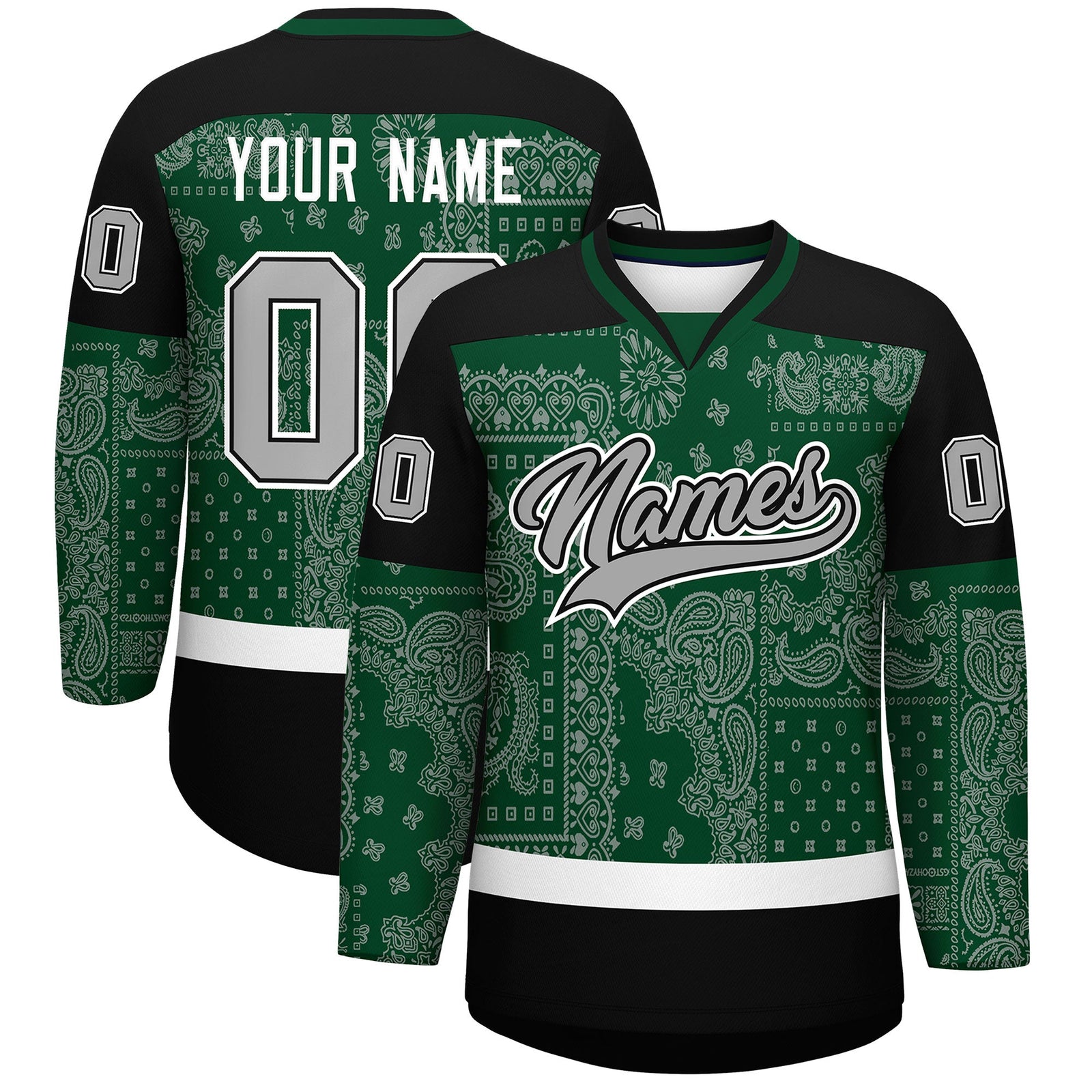 Custom Black Green White Cashew Flower Graffiti Pattern V-Neck Hockey Jersey| KXKSHOP