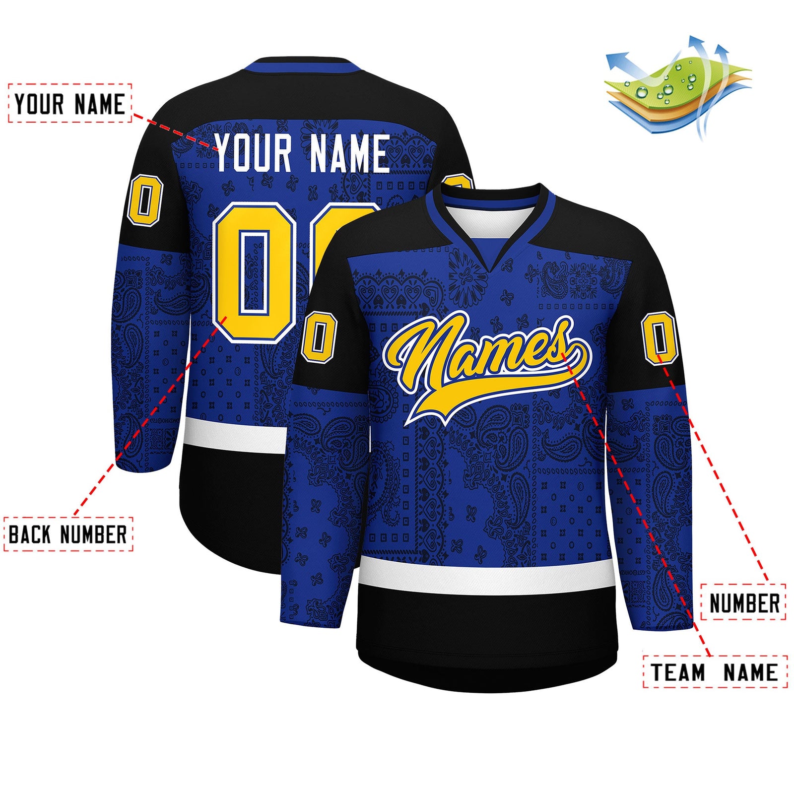 Custom Black Royal White Cashew Flower Graffiti Pattern V-Neck Hockey Jersey| KXKSHOP