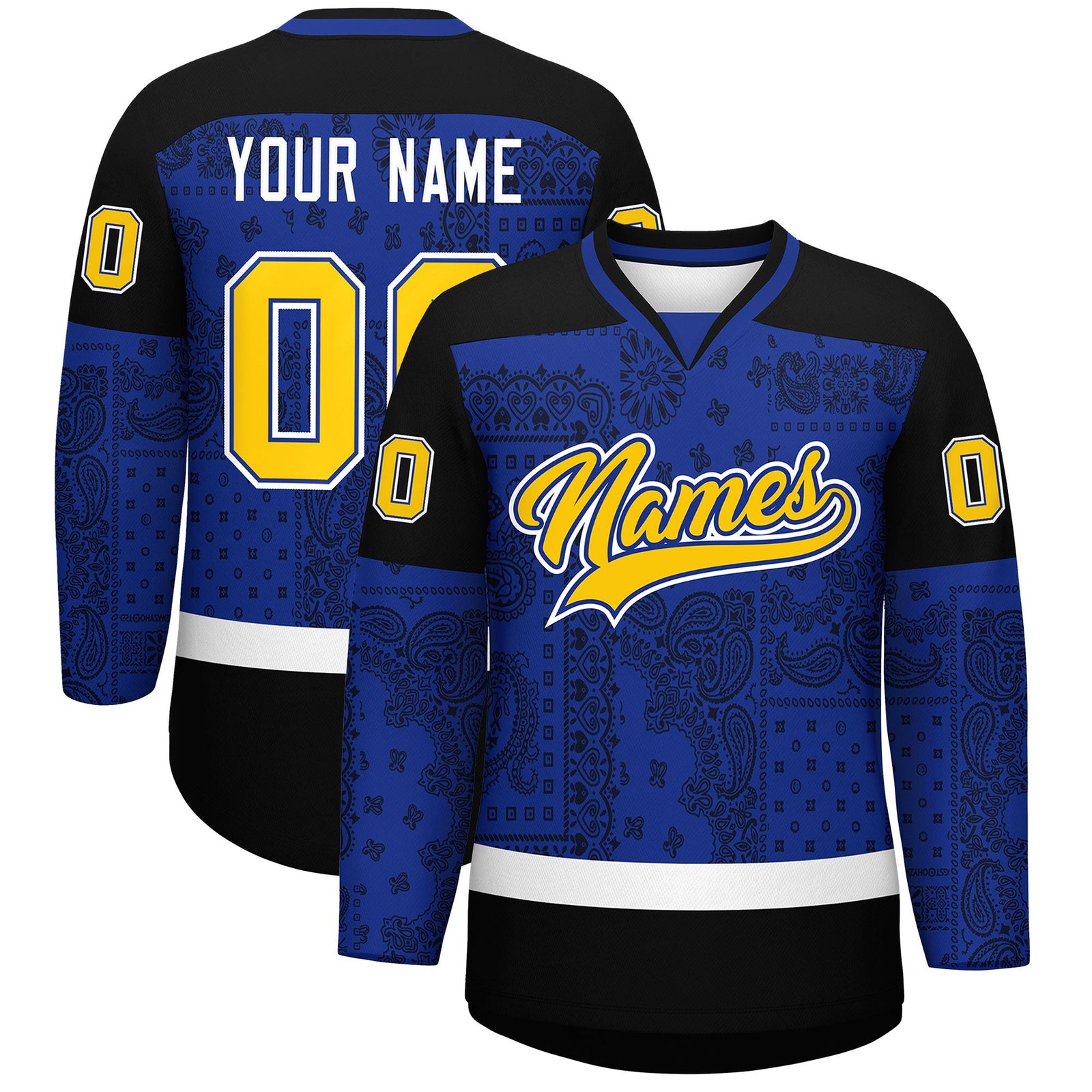 Custom Black Royal White Cashew Flower Graffiti Pattern V-Neck Hockey Jersey| KXKSHOP