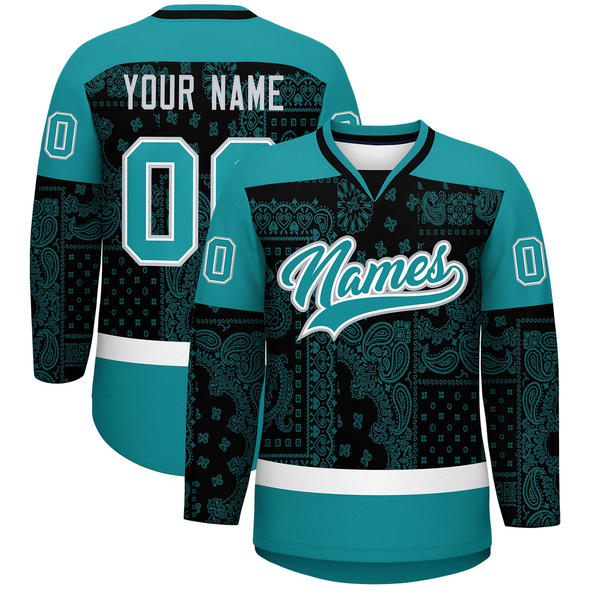 Custom Aqua Black White Cashew Flower Graffiti Pattern V-Neck Hockey Jersey| KXKSHOP