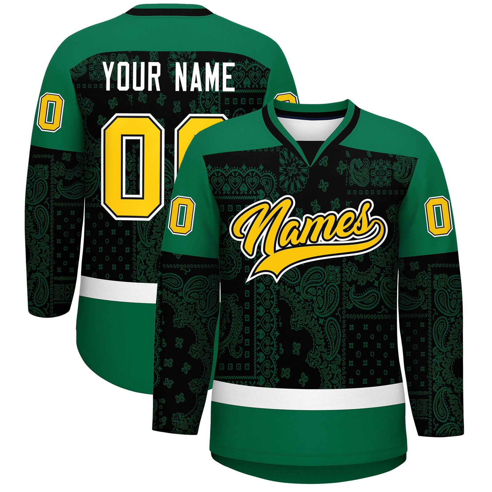Custom Kelly Green Black White Cashew Flower Graffiti Pattern V-Neck Hockey Jersey| KXKSHOP